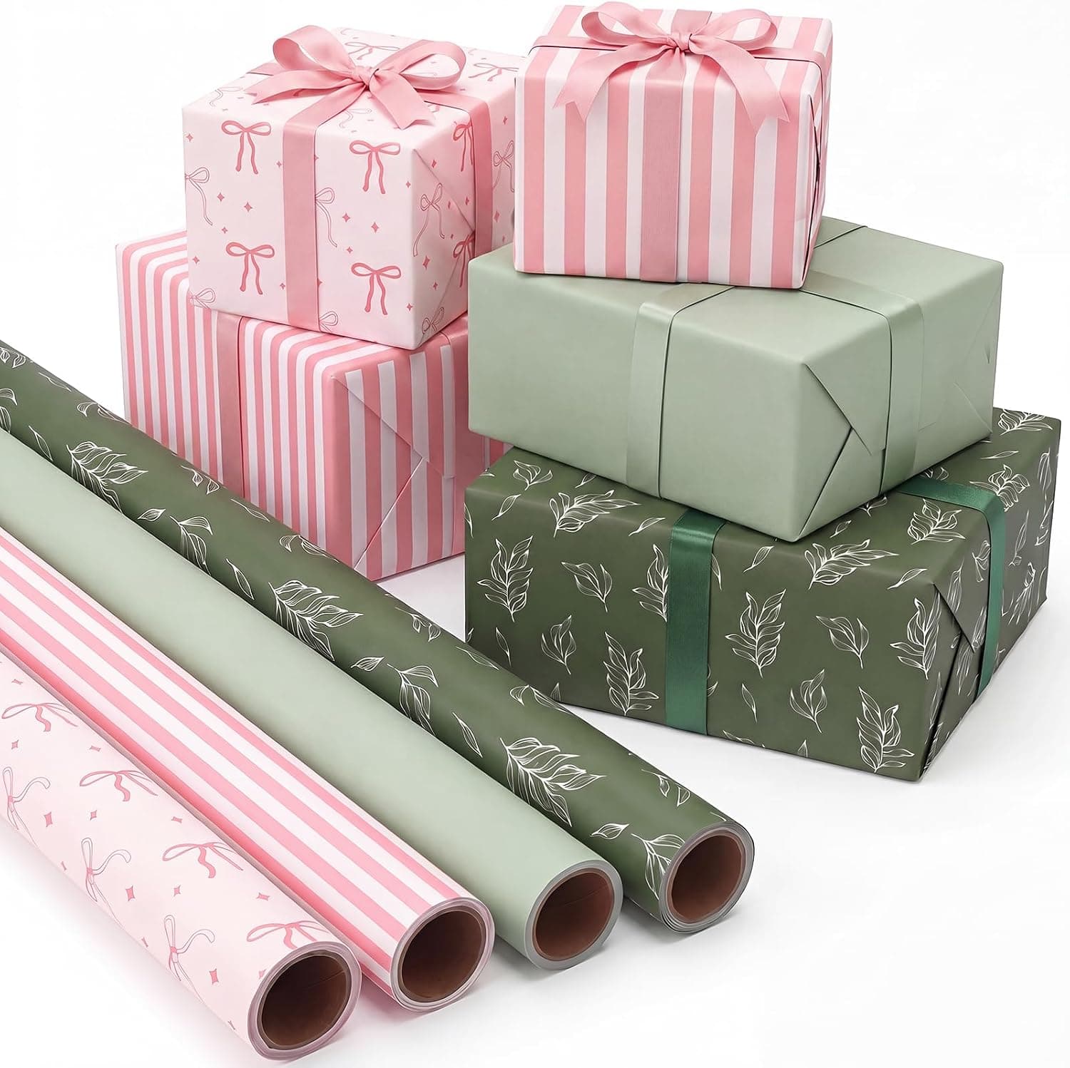 woric Sage Green Wrapping Paper Rolls - Jumbo Cute Bows Wrapping Paper with Pink Stripes for Women Girls Birthday Bachelor Party Decorations - 4 Rolls - 30 Inch x 120 Inch Per Roll