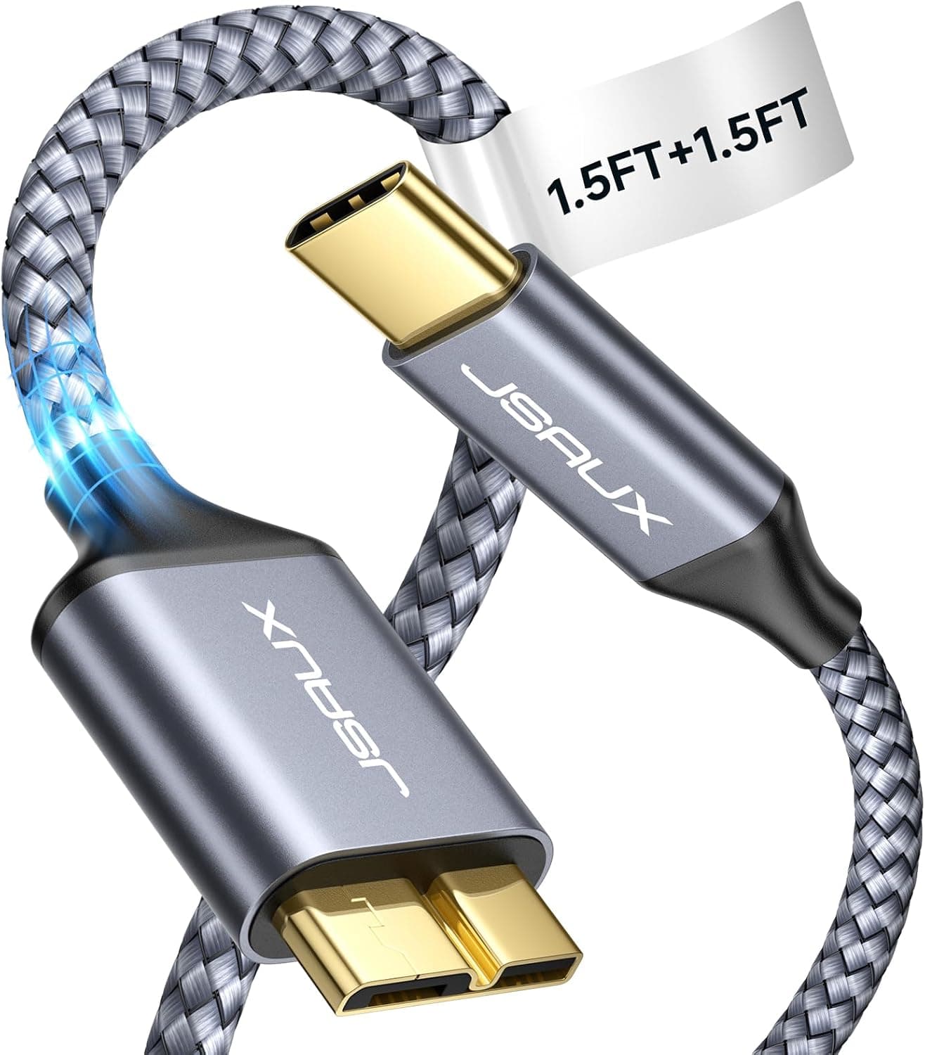 JSAUX 10Gbps Micro B to USB C Hard Drive Cable [1.5FT+1.5FT], USB C to Micro B Cord, External Hard Drive Cable Compatible with Seagate WD Westgate, iPhone 15, MacBook Pro/Air, iPad, Galaxy S24