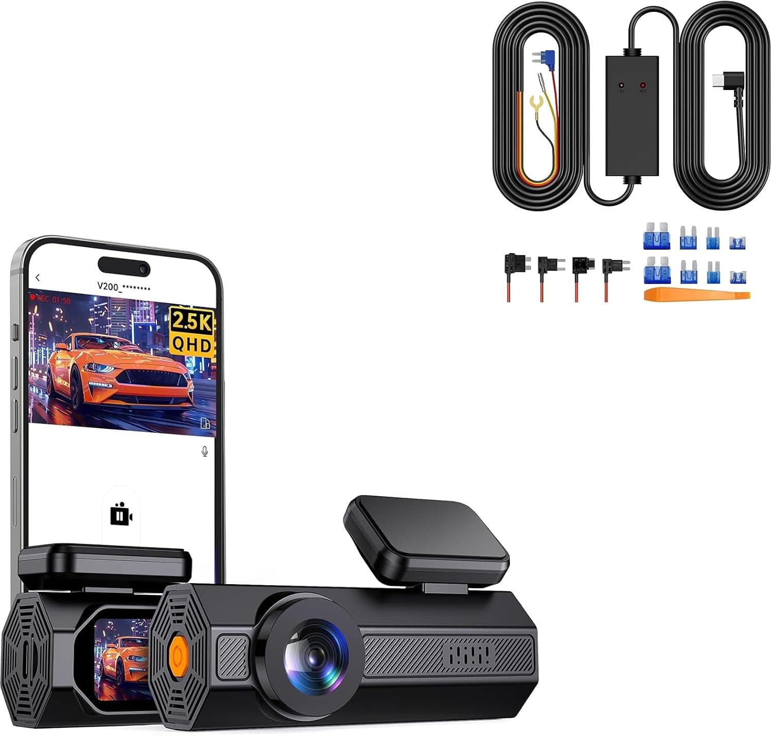 Dash Cam, 2.5K Dash Cam Front WiFi Dash Cams with WDR Night Vision & Veement 11.5ft Type-C Hardwire Kit (V5F)