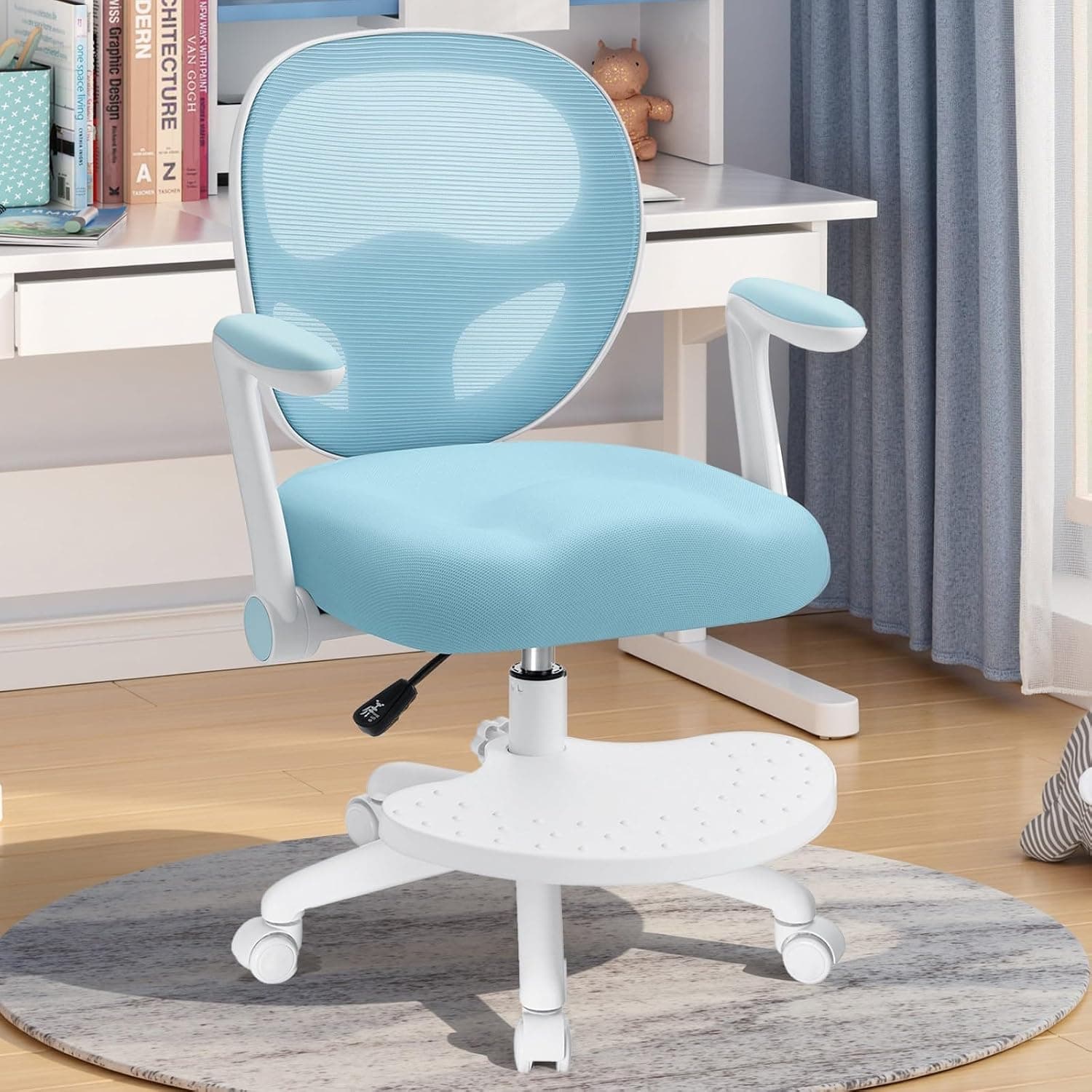 HOFFREE Kids Desk Chair Ergonomic Study Chair with Flipped Armrest and Footrest Adjustable Height Swivel Kids Computer Chair Mesh Desk Chair for Boys Girls Children at Home Bedroom Study Room Blue