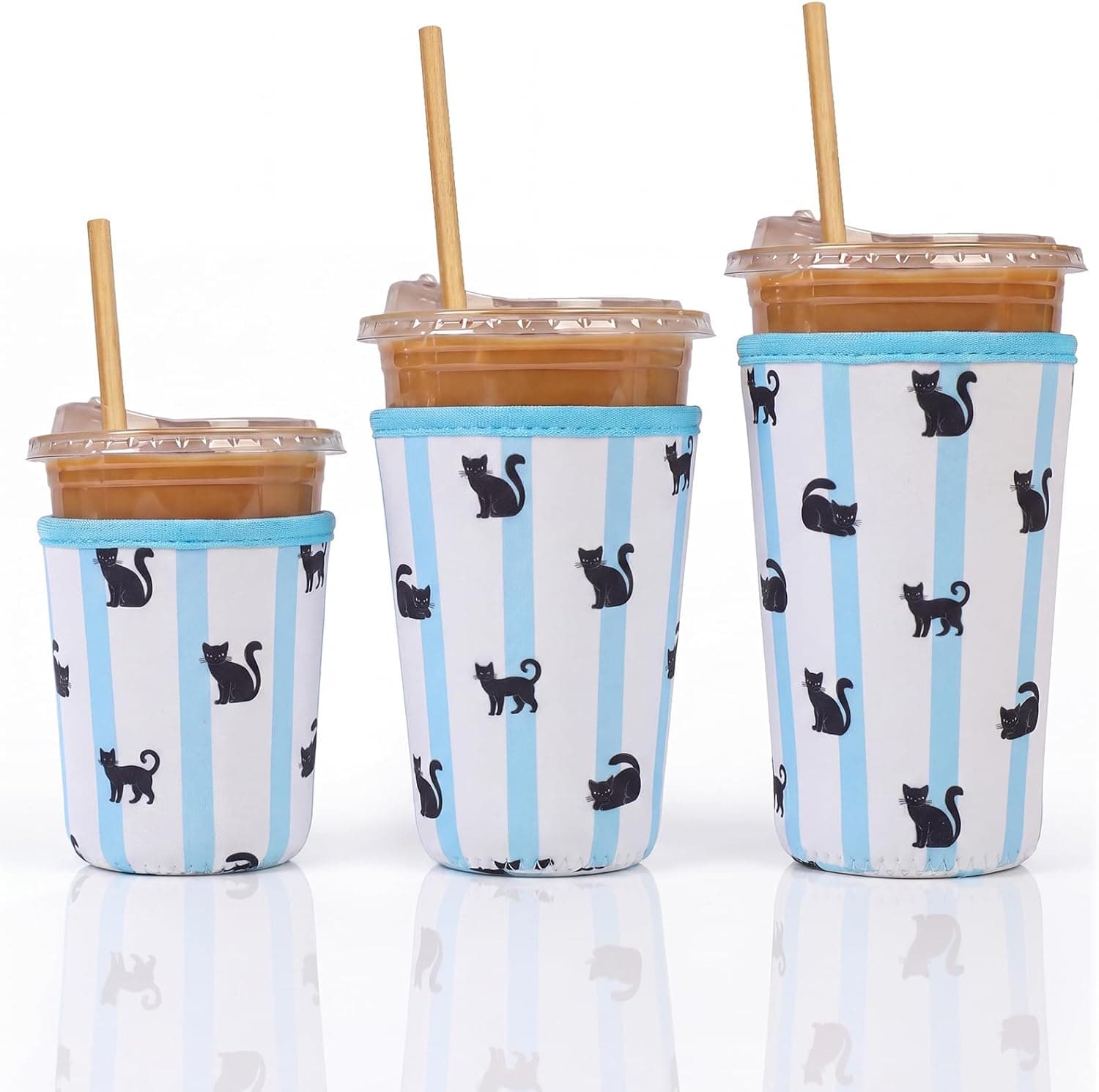 Dntorx Reusable 3-Pack Iced Coffee Cup Sleeve, Insulated Neoprene Drink Sleeve for 16-32oz Hot Cold Beverages（Black Cat）
