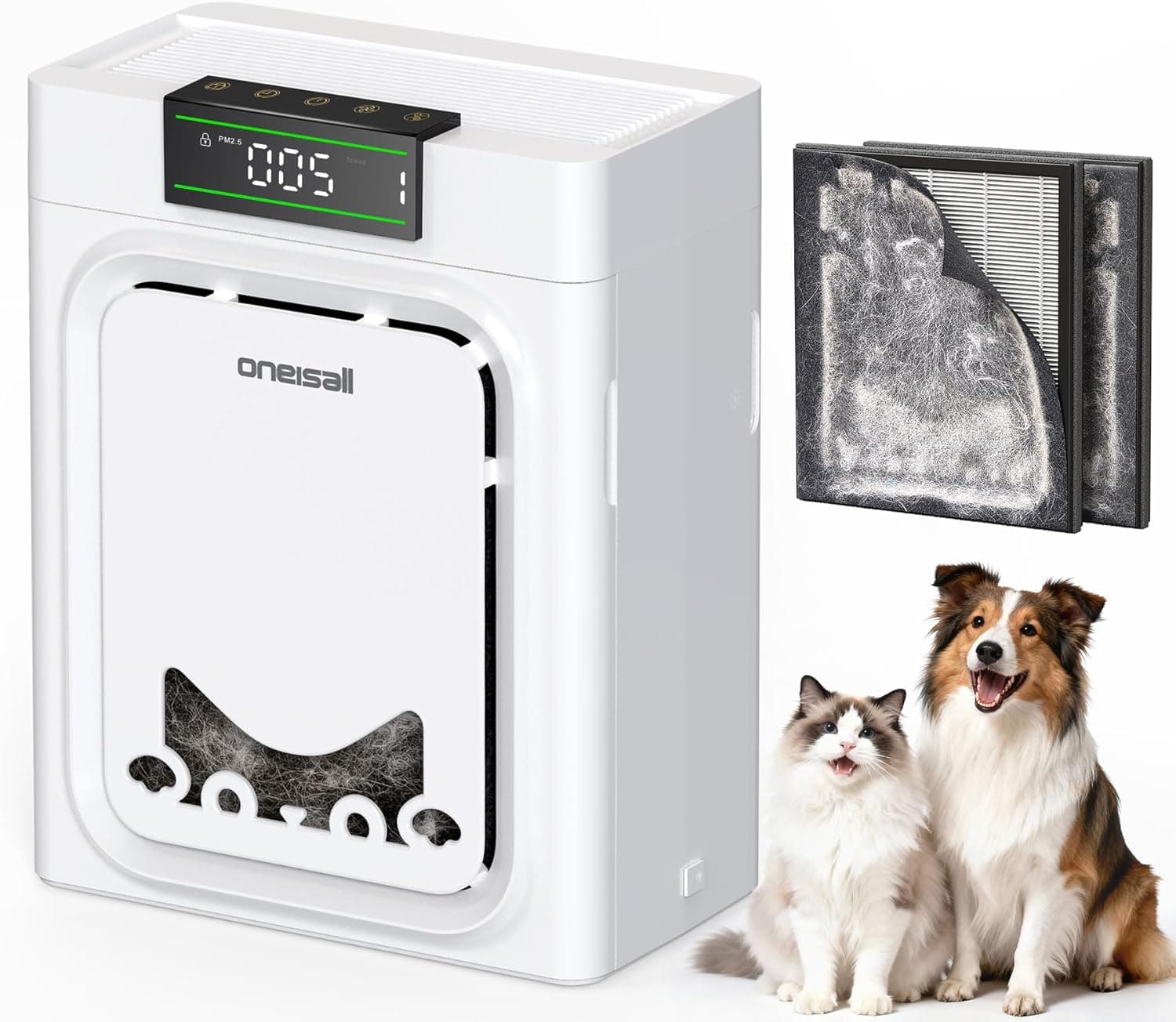 Oneisall Pet Air Purifiers for Home with Washable Filters,Home Large Room Up To 1410Ft²,CADR 320m³/h,25dB,PM2.5 Display,220g Double-sided Activated Carbon Filters