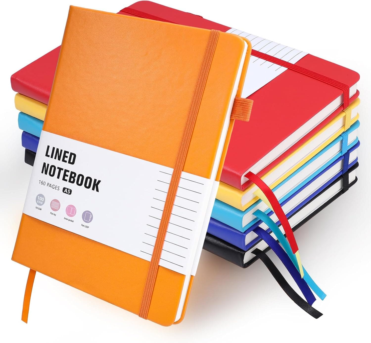 Thboxes 6 Pack A5 Lined Journal Notebooks Bulk, Hardcover Journals for Writing, 100 GSM 160 Pages with Pen Holder, Multicolor Notebook Set for Work, School and Travel