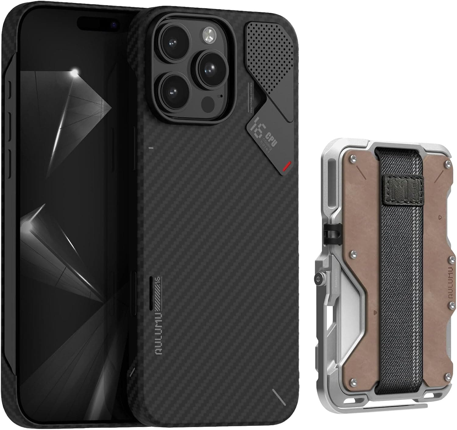 Aulumu A16 Aramid Fibre + G03 Wallet Leather Metal Card Case [Genuine Gray] for iPhone 16 Pro Max | Luxury Technology Kit