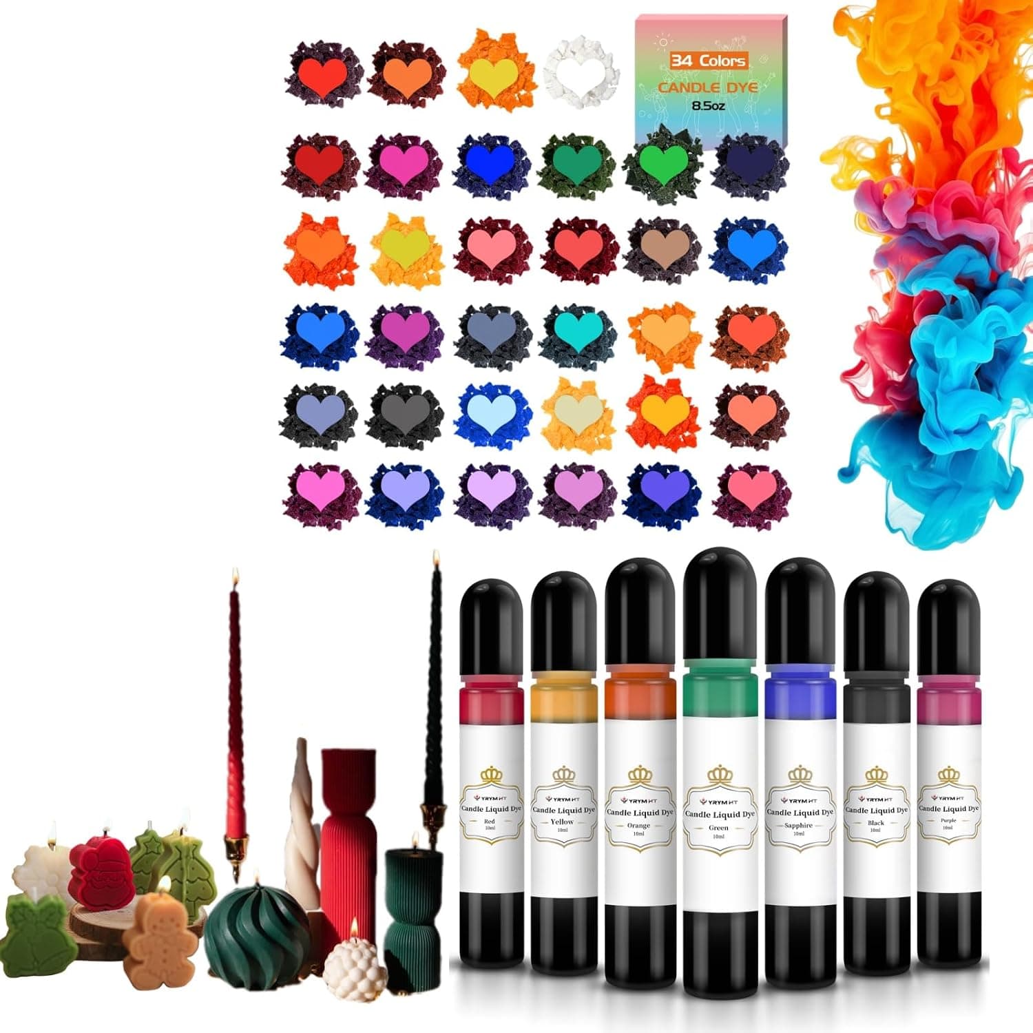 YRYM HT Candle Color Dye for Soy Wax-34 Popular Colors & 7 Bottle Oil High Concentration Liquid Candle Dye Set