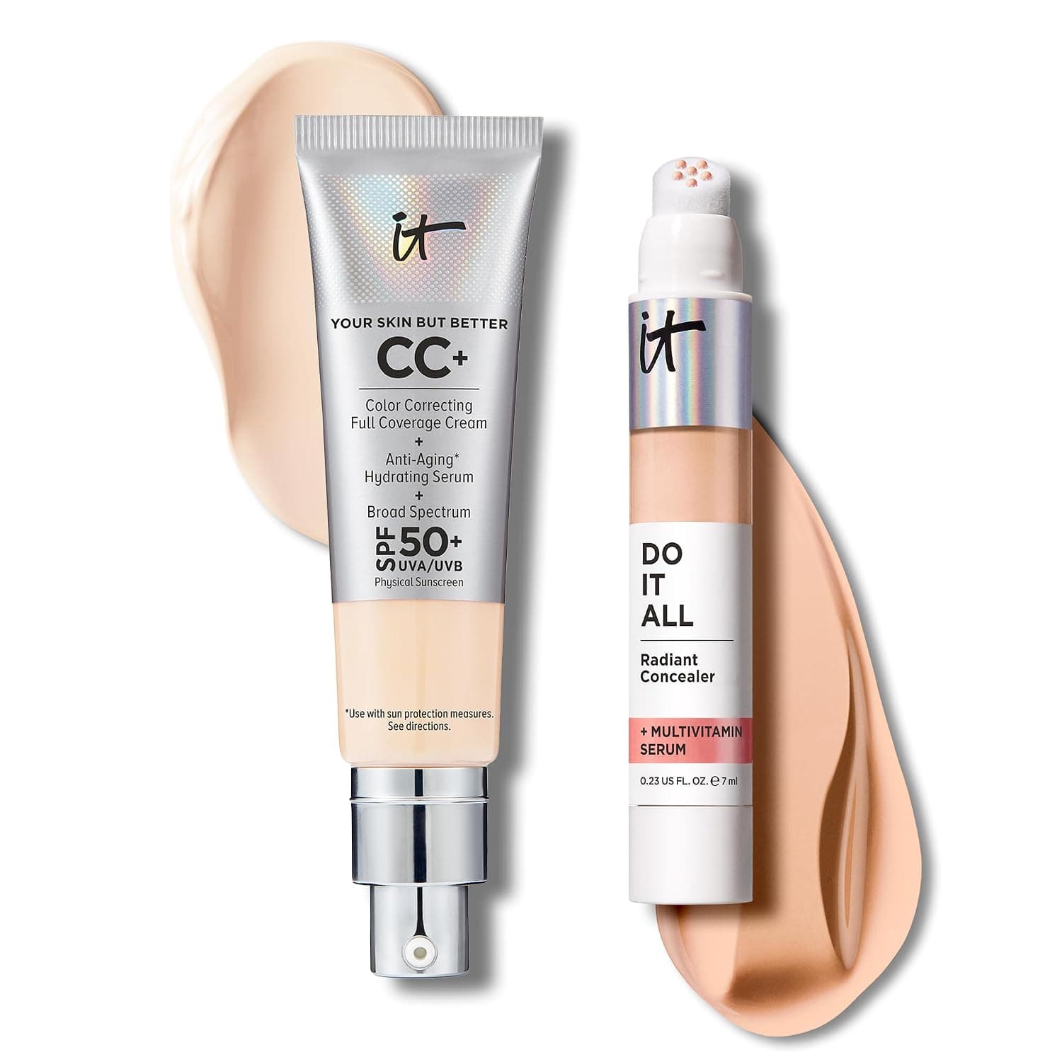 IT Cosmetics CC+ Cream with SPF 50+ Natural Finish Full Coverage Foundation (Fair Light - 1.08 fl oz) & Do It All Radiant Concealer Multivitamin Serum Makeup (210 Light Neutral - 0.2 fl oz)