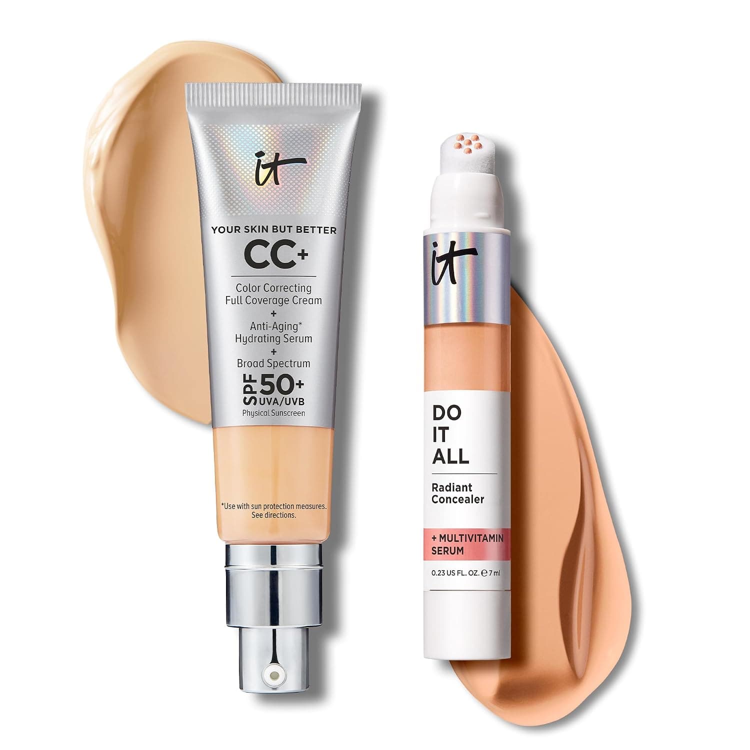 IT Cosmetics CC+ Cream with SPF 50+ Natural Finish Full Coverage Foundation (Medium - 1.08 fl oz) & Do It All Radiant Concealer Multivitamin Serum Makeup (305 Medium Neutral - 0.2 fl oz)