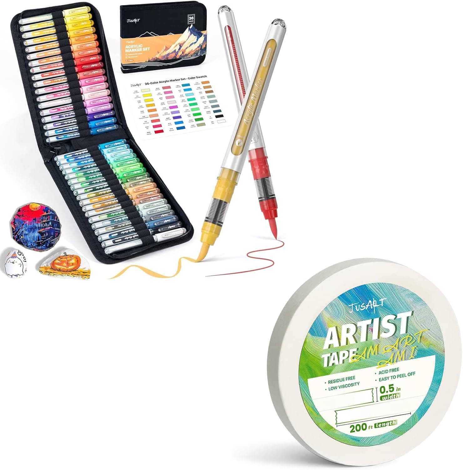 JusArt 36 Colors Acrylic Paint Markers + 0.5 Inch Wide Artist Tape