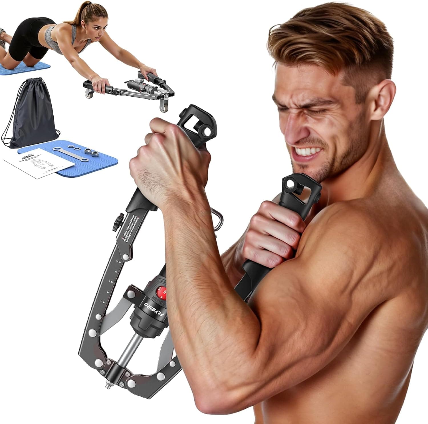 FLYBIRD Twister Arm Trainer, Hydraulic Power Core Twister Chest Workout Equipment, Adjustable 22-440LBS Chest Trainer for Men, 3 in 1 Chest and Arm Exerciser with Ab Roller Wheel, Include Backpack&Pad