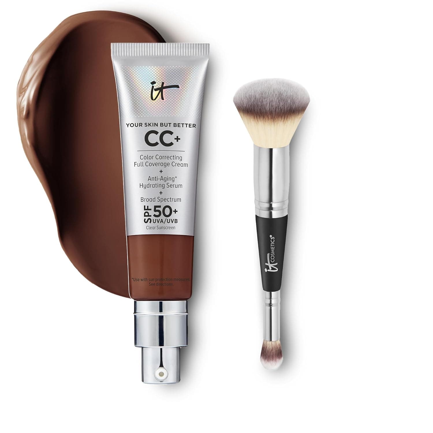IT Cosmetics CC+ Cream with SPF 50+ Natural Finish Full Coverage Foundation (Deep Bronze - 1.08 fl oz) & 2-in-1 Concealer and Foundation Brush #7 for Buffing and Blending Face Makeup