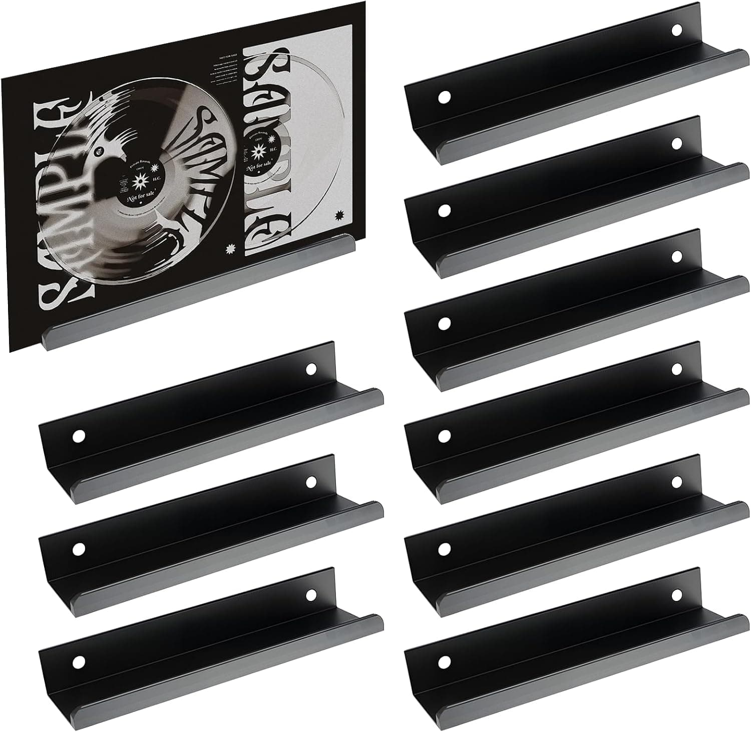 10 Pack Vinyl Wall Mount, 5.9 Inch Black Metal Album Record Holder Display, CD Floating Shelf, Magazine Shelf, Vinyl Record Shelf Wall Mount for DIY Decor, Album Display, Home, Office