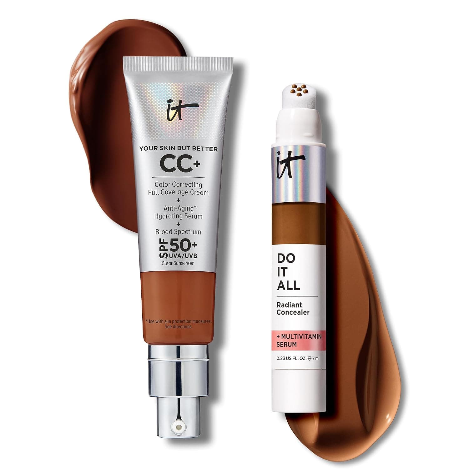 IT Cosmetics CC+ Cream with SPF 50+ Natural Finish Full Coverage Foundation (Deep - 1.08 fl oz) & Do It All Radiant Concealer Multivitamin Serum Makeup (605 Deep Warm - 0.2 fl oz)