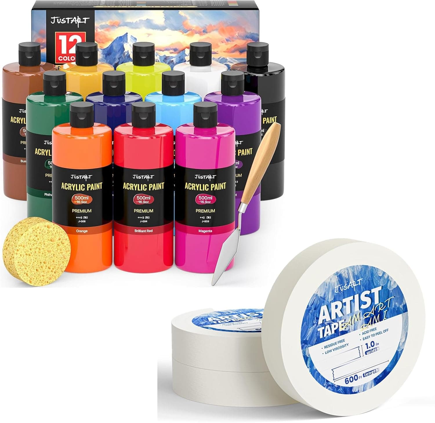 JusArt 12 Colors Acrylic Paint Set+ 1 Inch Wide 3 Pack Artist Tape