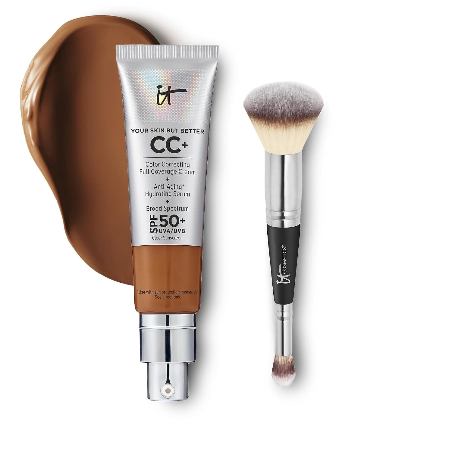 IT Cosmetics CC+ Cream with SPF 50+ Natural Finish Full Coverage Foundation (Deep - 1.08 fl oz) & 2-in-1 Concealer and Foundation Brush #7 for Buffing and Blending Face Makeup