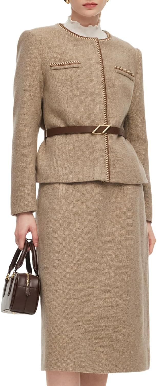 GOELIA Women's 2 Piece Skirt Sets Wool Blend Tweed Cropped Jacket Mini Skirt Set Business Casual Work Two Piece Sets