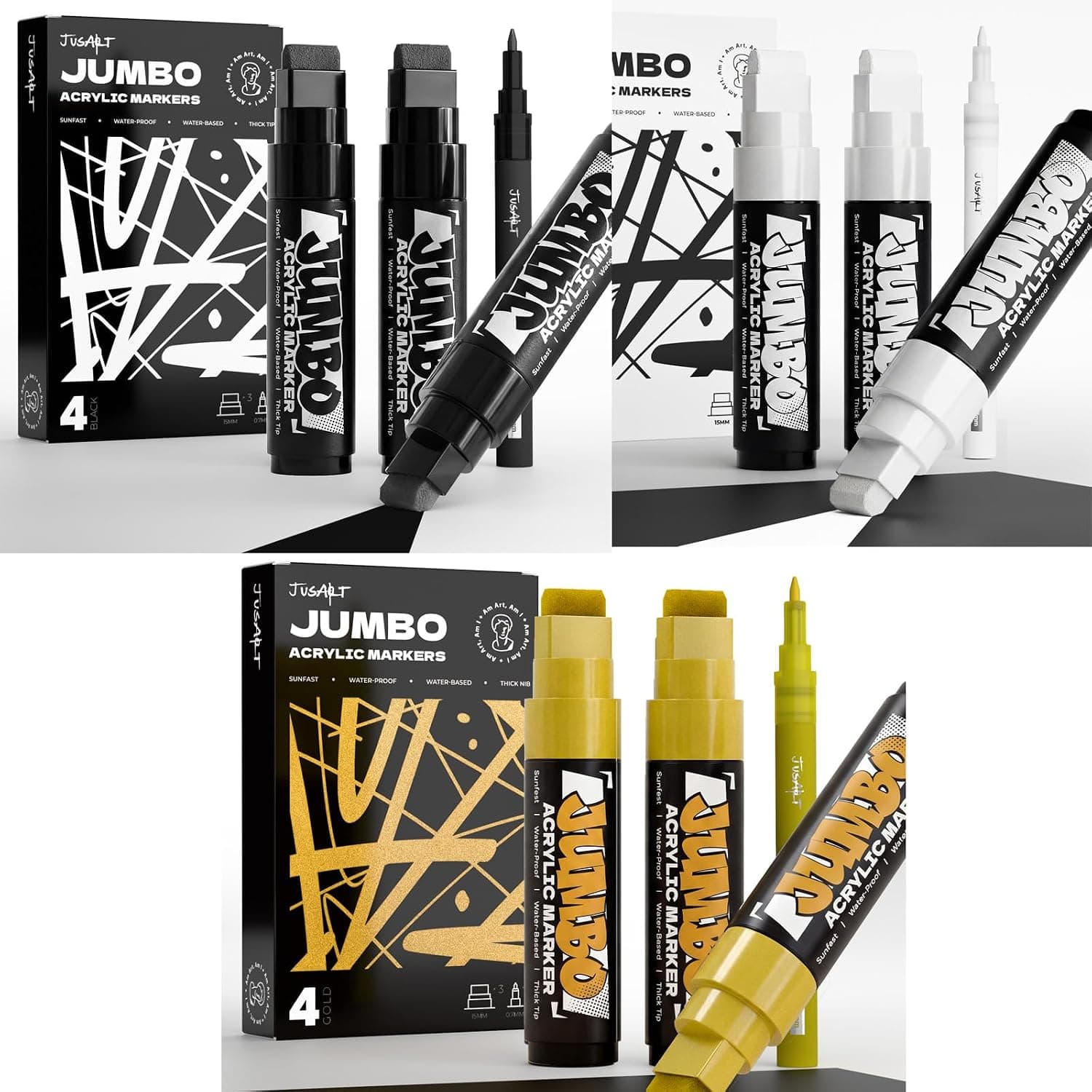 JusArt 16 Pcs Black+White+Gold Jumbo Poster Marker Set, 15mm Wide Tip and 0.7mm Fine Tip, Acrylic Paint Markers for Rock, Fabric, Glass, Metal, Wood