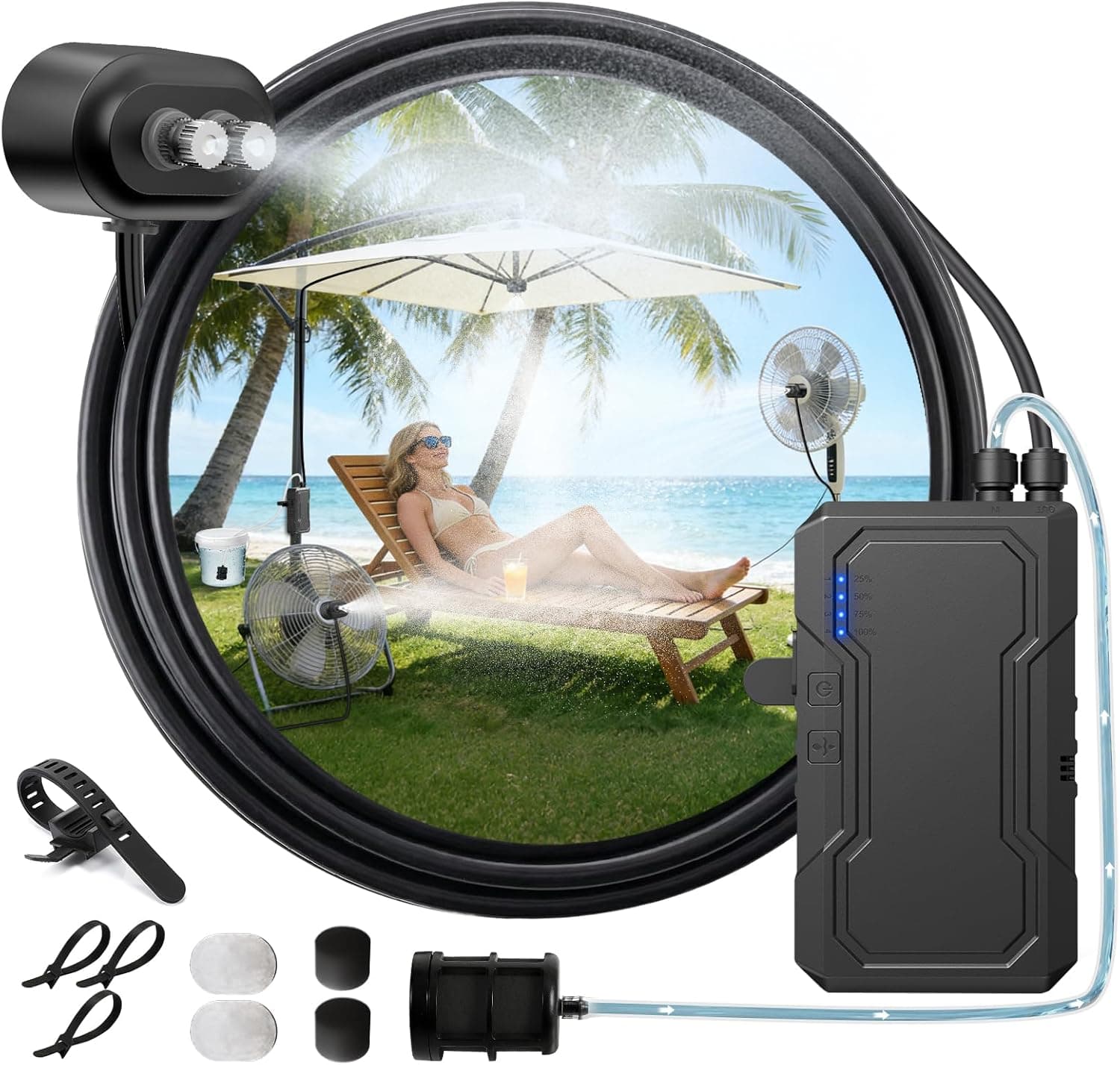 Ausic Portable Magnetic Misting System with Pump, 6000mAh Outdoor Fan Misters Kit for Outside Patio Golf Cart, Water Sprayer for Cooling Sport, Canopy, Beach, Camp, Gazebo, Umbrella, Dugout- 2 Nozzles