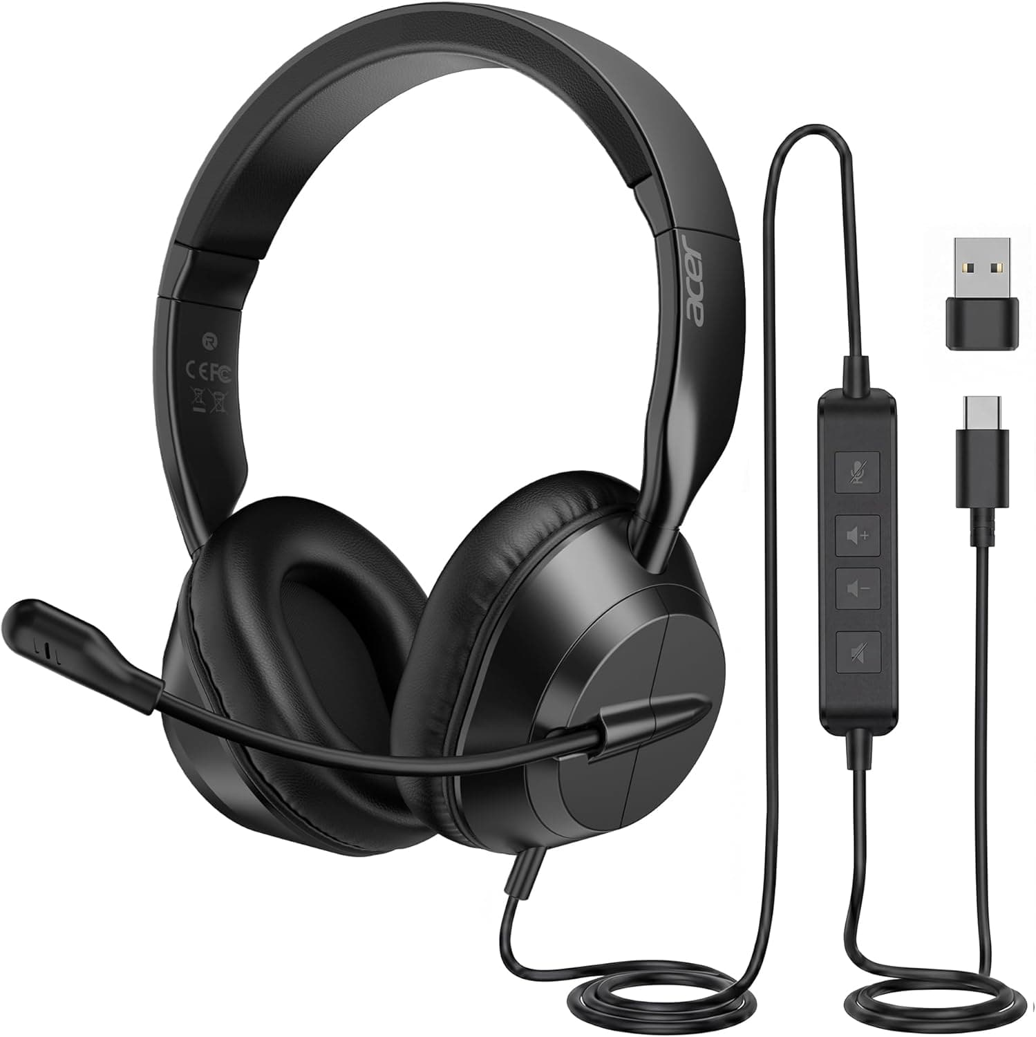 Acer Headset with Microphone for PC - ENC Noise Cancelling Headphones with Mic, Dual USB C Headset with Microphone & USB, 40mm Drivers Wired Headset with Mic for Work, Call Center Headset for Office