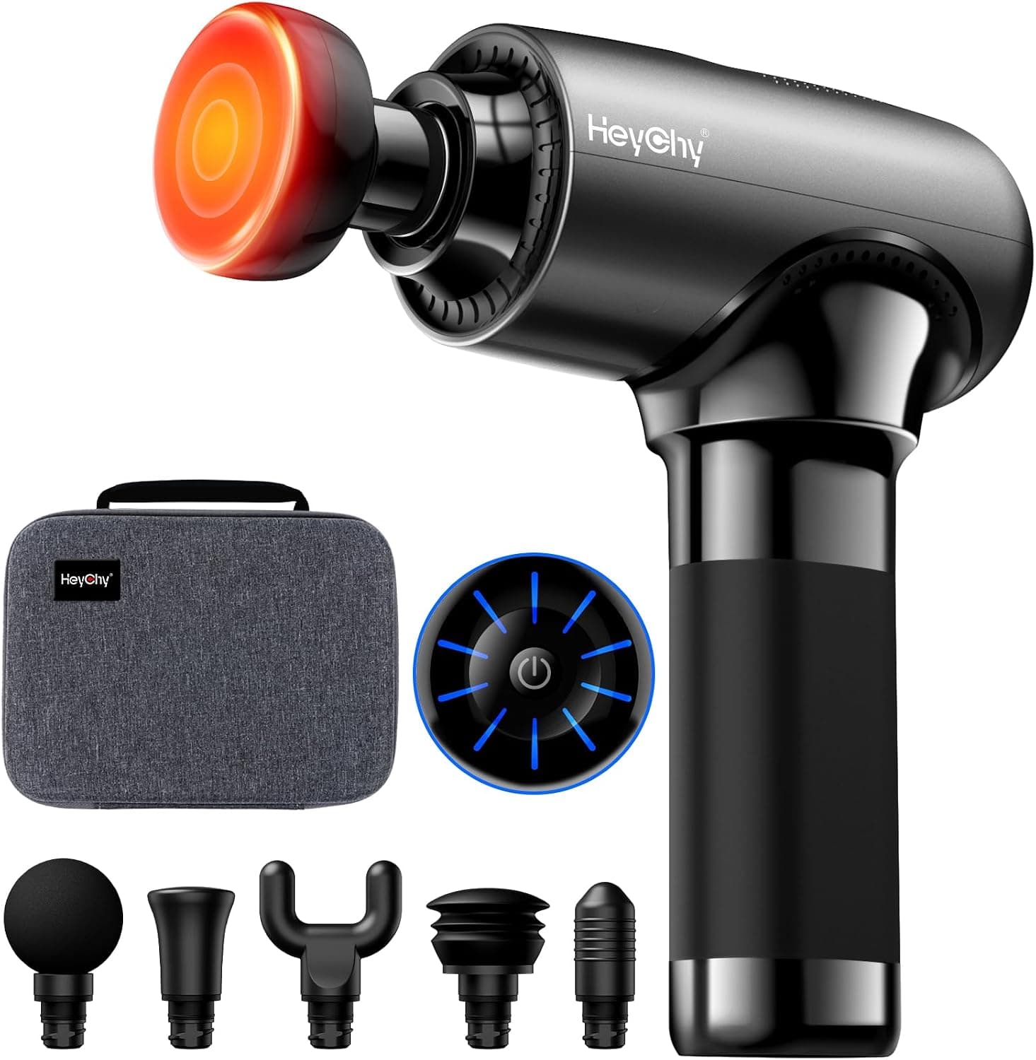 HEYCHY Massage Gun Deep Tissue with Heat Head, Handheld Muscle Back Massager with Carry Case, Portable Percussion Massager Gun with 6 Replacements for Athletes Pain Relief