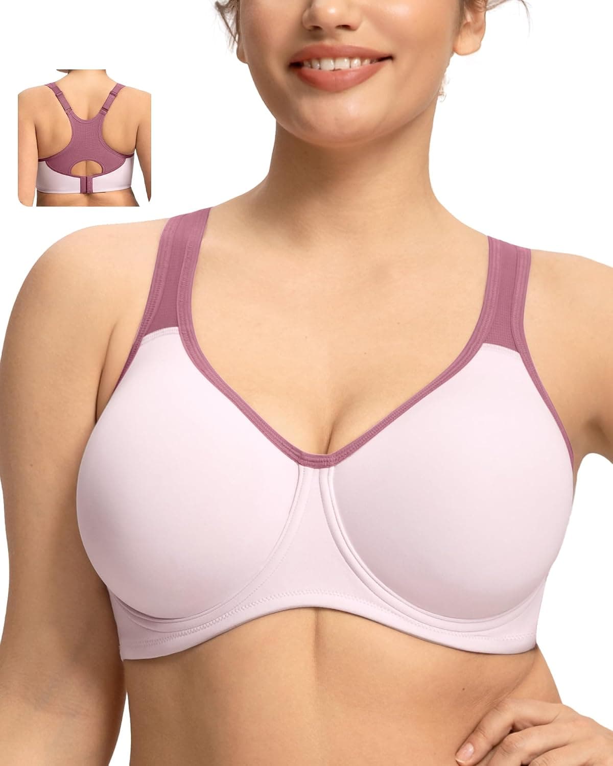 HSIA Sports Bra for Women High Support Large Bust Outside Underwire Adjustable Racerback Unlined Full Coverage Sports Bra Light Purple