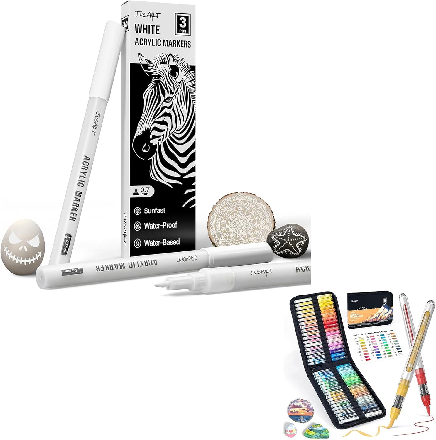 JusArt 3 Pack White Permanent Markers 36 Colors Acrylic Paint Markers