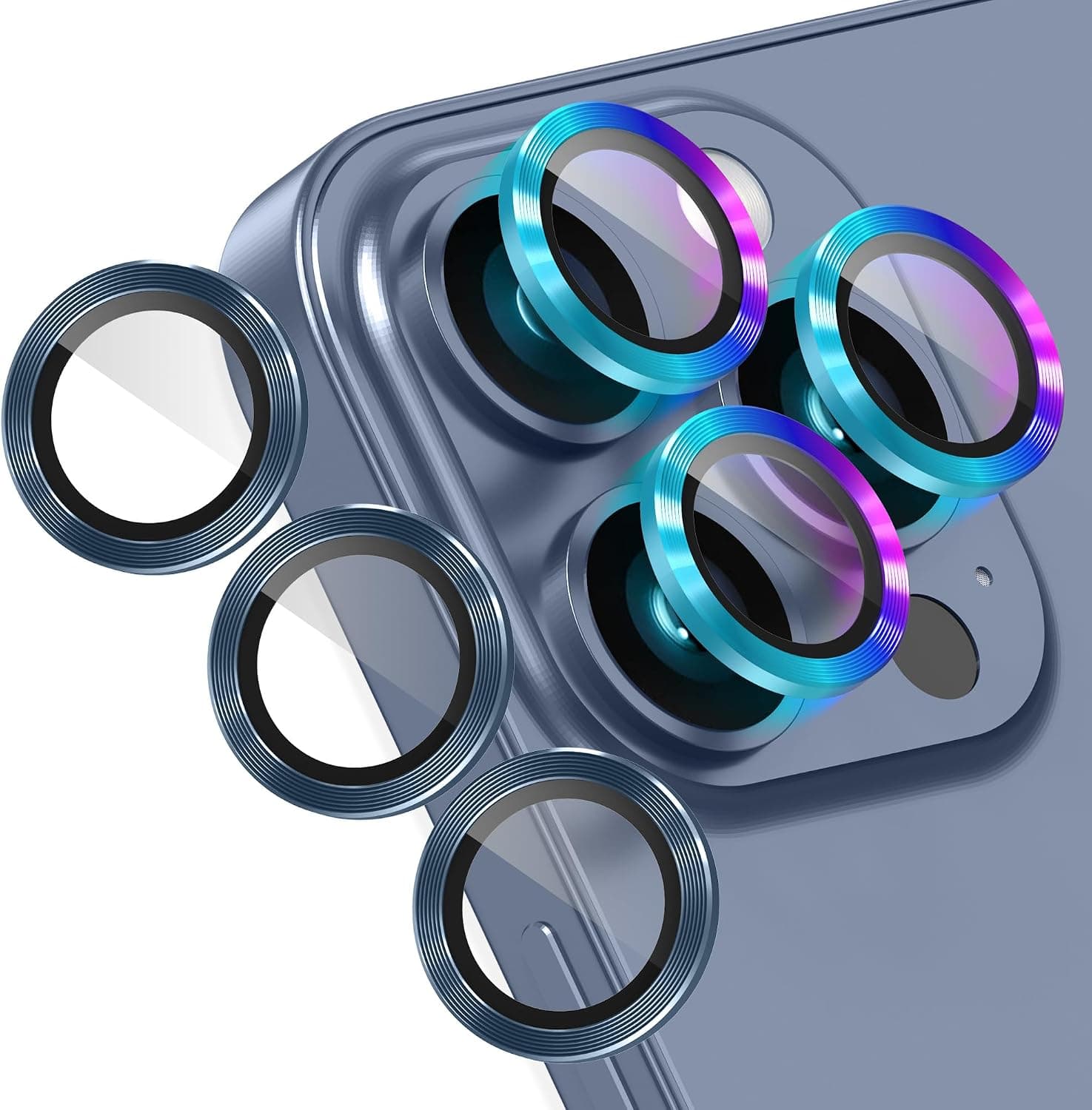 AGVEE 3+3 Camera Lens Protector for iPhone 15 Pro 6.1" / 15 Pro Max 6.7", Brushed Metal Ring 9H Tempered HD Glass Camera Protector Cover Film, Blue