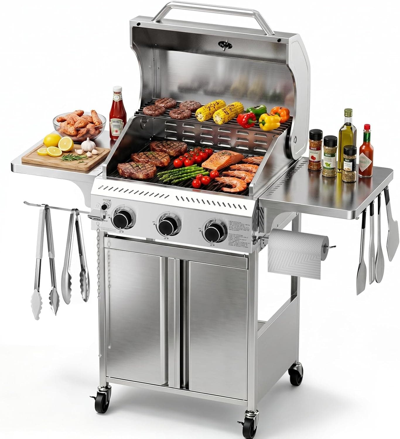 Kismile 3 Burner Propane Gas Grill, 24,000 BTU Stainless Steel BBQ Grill with Foldable Side Tables & Porcelain-Enameled Grates, Barbecue Grill with Wheels for Outdoor Cooking, Camping, Patio