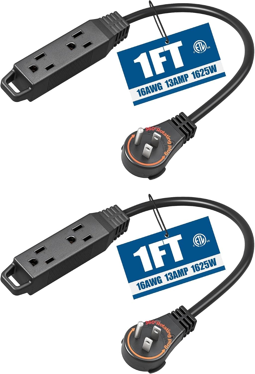 DEWENWILS 1FT 360° Rotating Flat Plug Extension Cord, 3 Prong Thin Power Strip, 16/3C 13A/125V/1625W, Rotating Plug for Indoor Narrow Space, SJT-3, ETL Listed, Black, 2 Pack