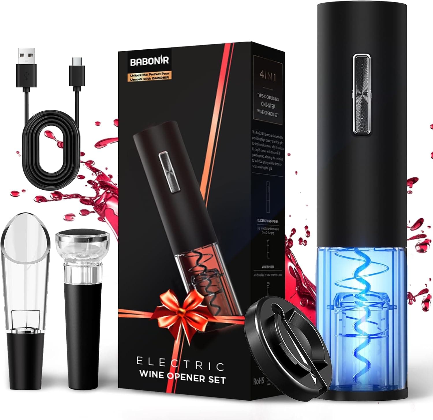 BABONIR Electric Bottle Wine Opener Set, Automatic Electronic Corkscrew with Blue Led Indicator, Vacuum Stopper, Pourer, and Foil Cutter, Perfect for Home, Party and Wedding, Rechargeable