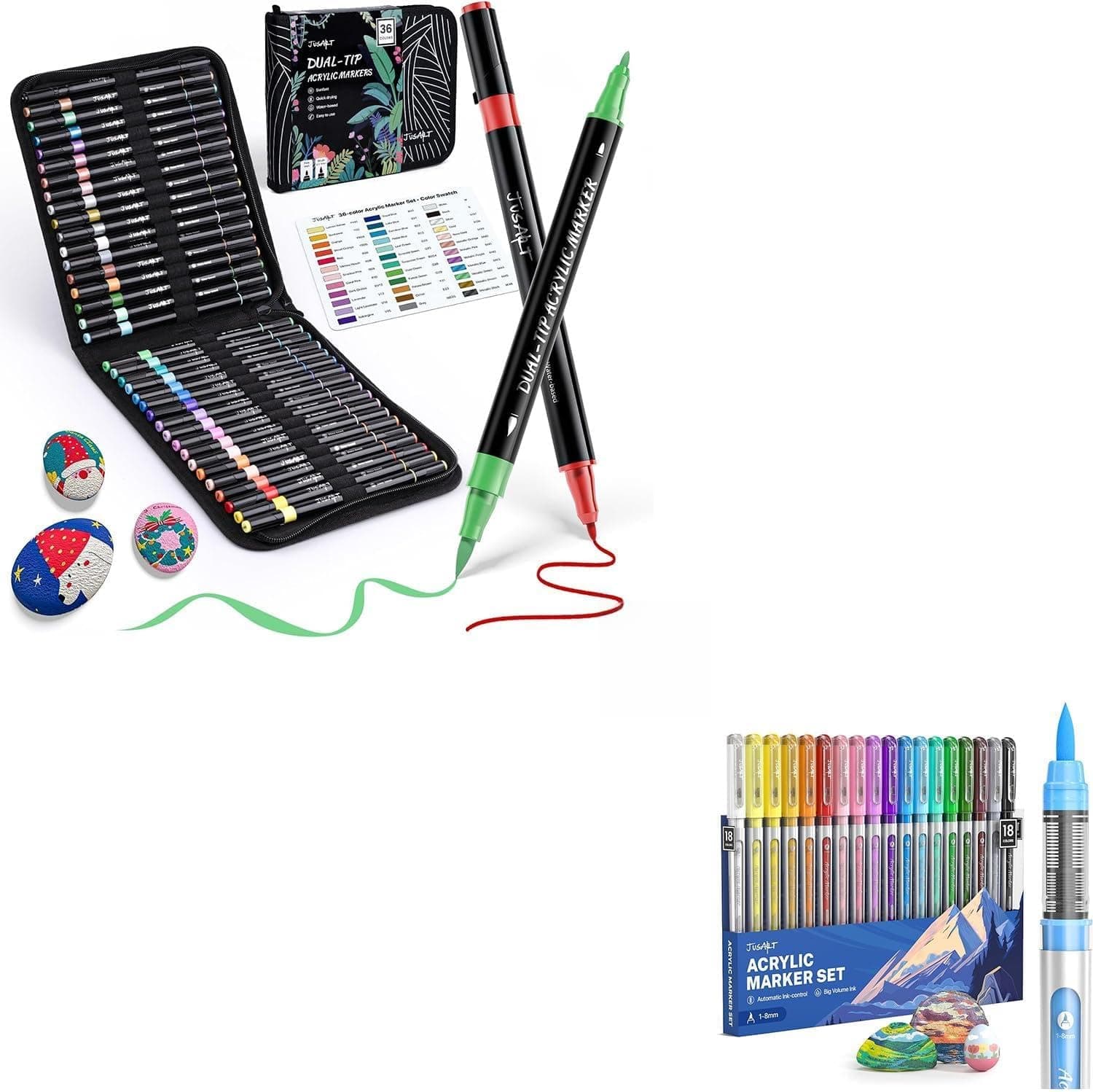 JusArt 36 Colors Acrylic Paint Markers Acrylic Paint Markers Brush Tip 18 Colors