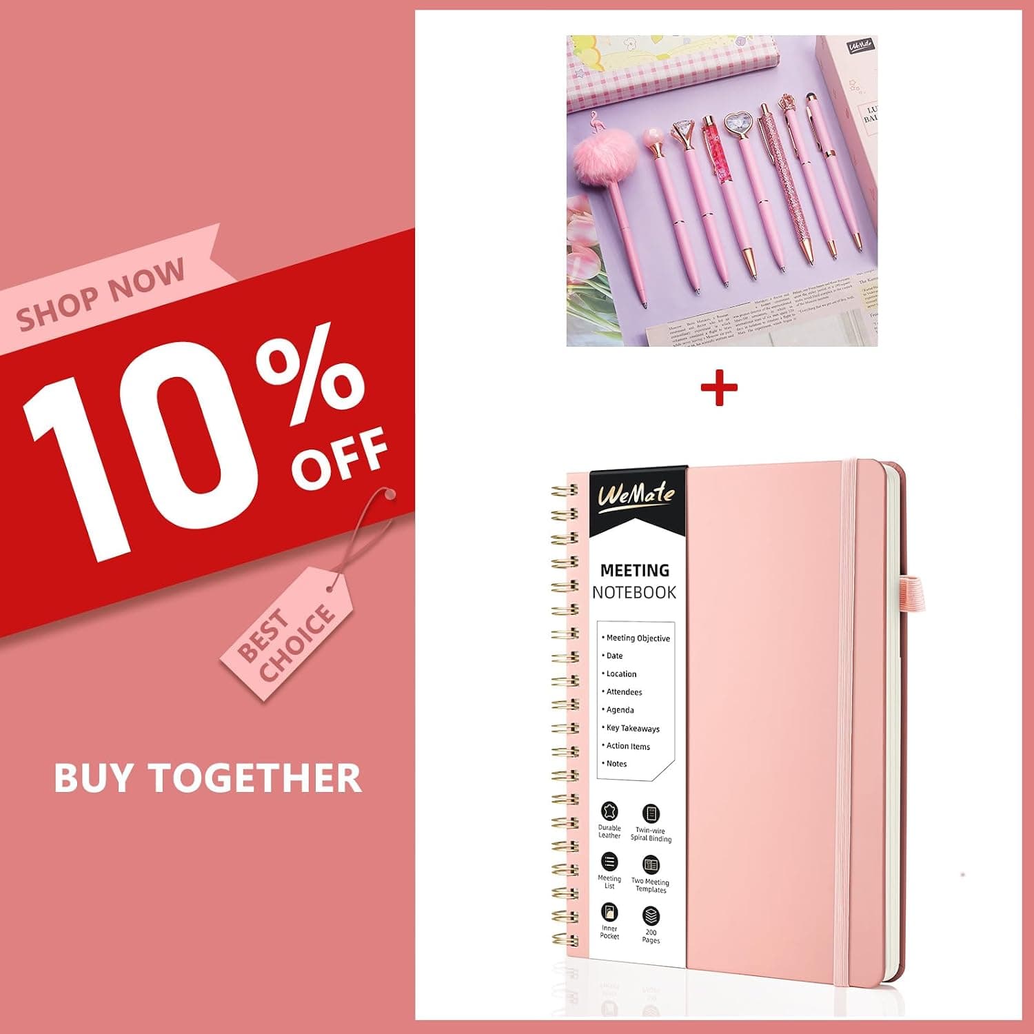 WEMATE Meeting Notebook for Work with Action Items + 8Pcs Ballpoint Pens Set
