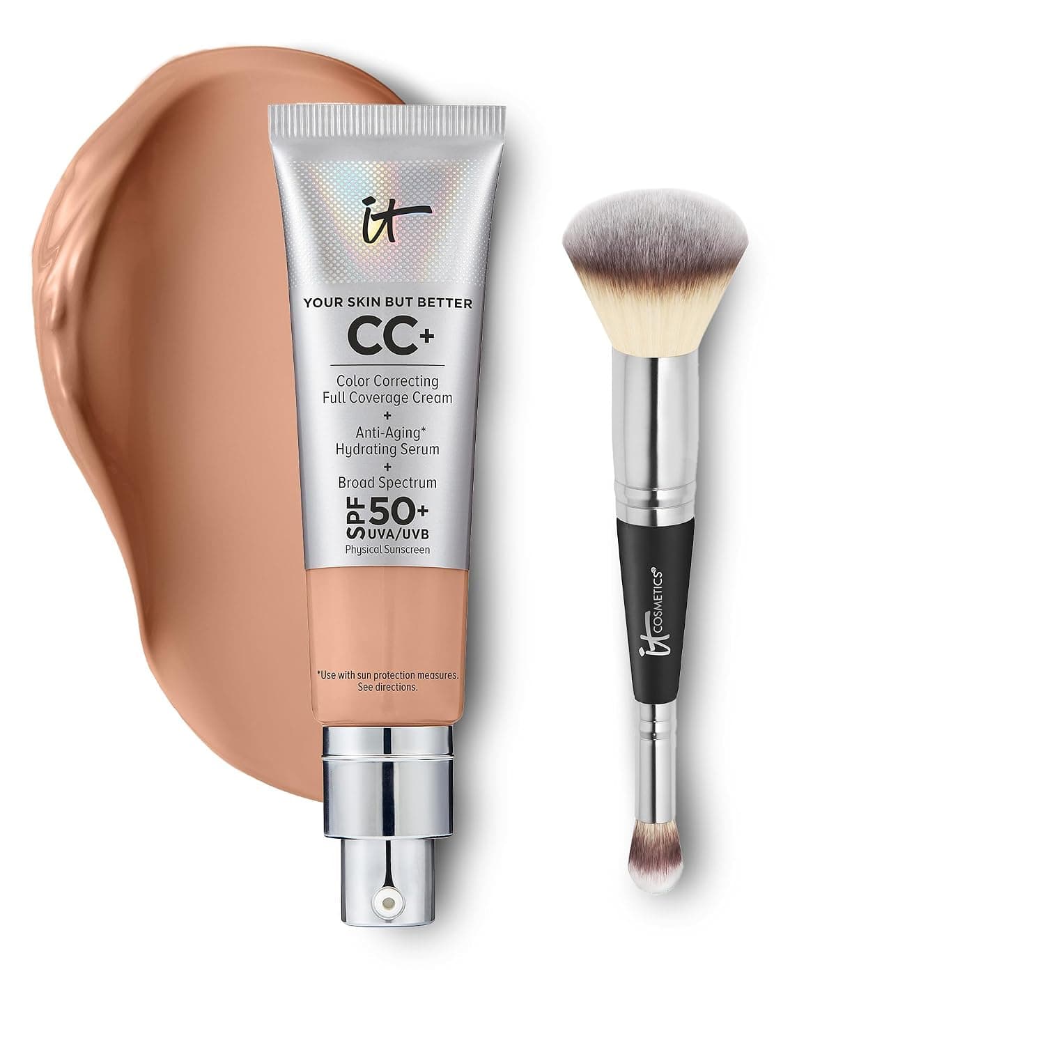 IT Cosmetics CC+ Cream with SPF 50+ Natural Finish Full Coverage Foundation (Medium Cool - 1.08 fl oz) & 2-in-1 Concealer and Foundation Brush #7 for Buffing and Blending Face Makeup
