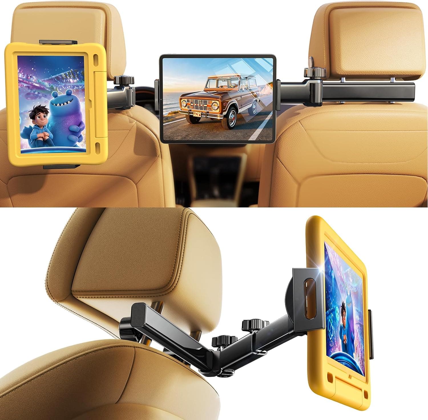 LISEN iPad Holder for Car Mount, Road Trip Essentials Kids Travel Activities Tablet Holder for Car, [3 in 1 Extension Arm] Adjustable Tablet Car Mount for Back Seat 4.7-11.5" iPad, Galaxy, Fire HD