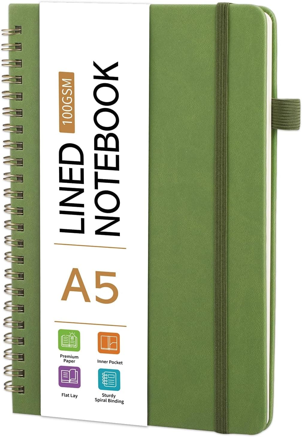 Thboxes Lined Spiral Journal Notebook for Women & Men, 100 GSM, 160 Pages, A5 (5.7" x 8.3") Lay Flat Notebook, College Ruled Journals for Writing, School, Work, Daily Journaling, Office, Notes, Green