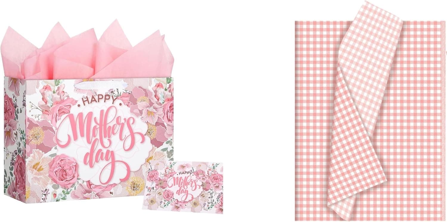 woric Mother’s Day Sets 14.5" Pink Gift Bag with 82 Sheets Pink Gingham Tissue Paper Bulk for Moms Grandmas Wife