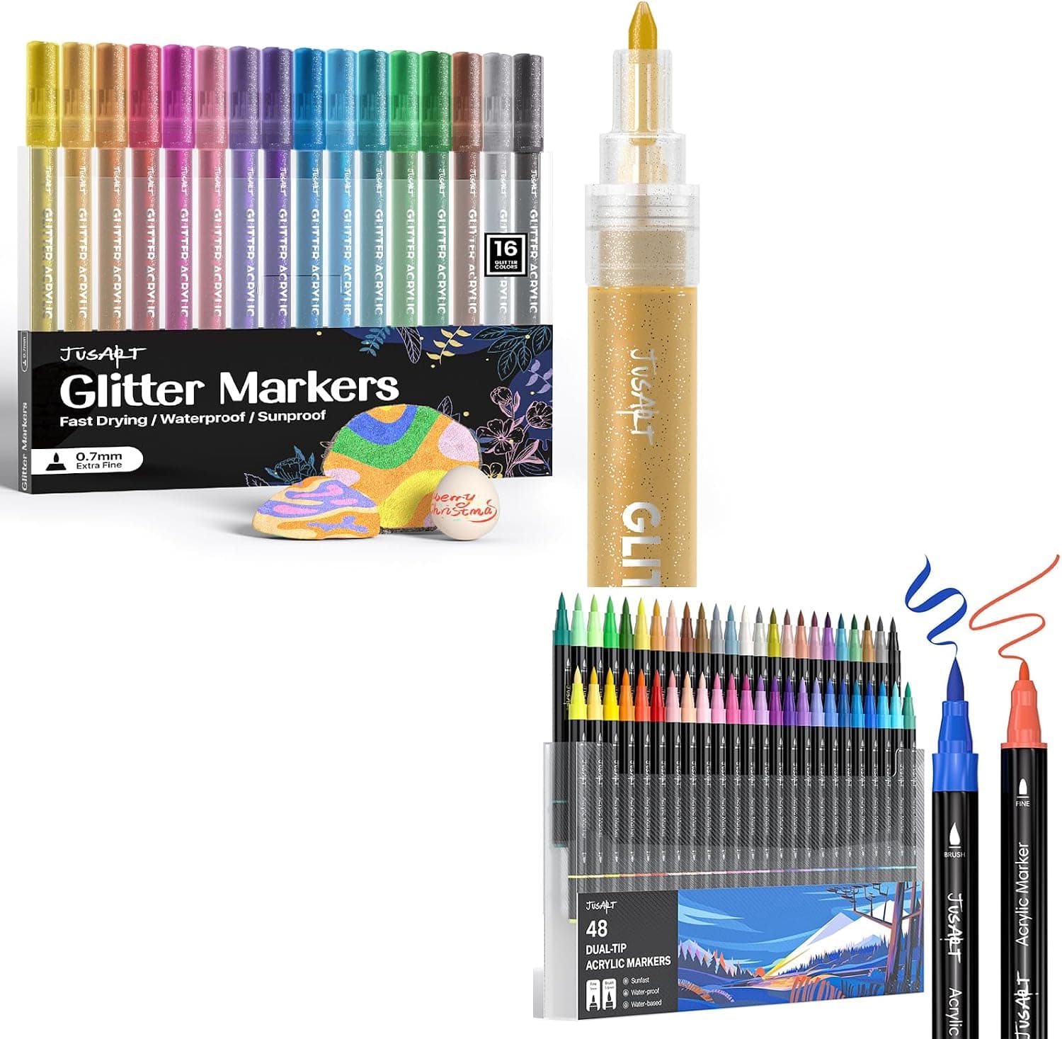 JusArt 16 Colors Acrylic Glitter Markers + 48 Colors Acrylic Paint Markers