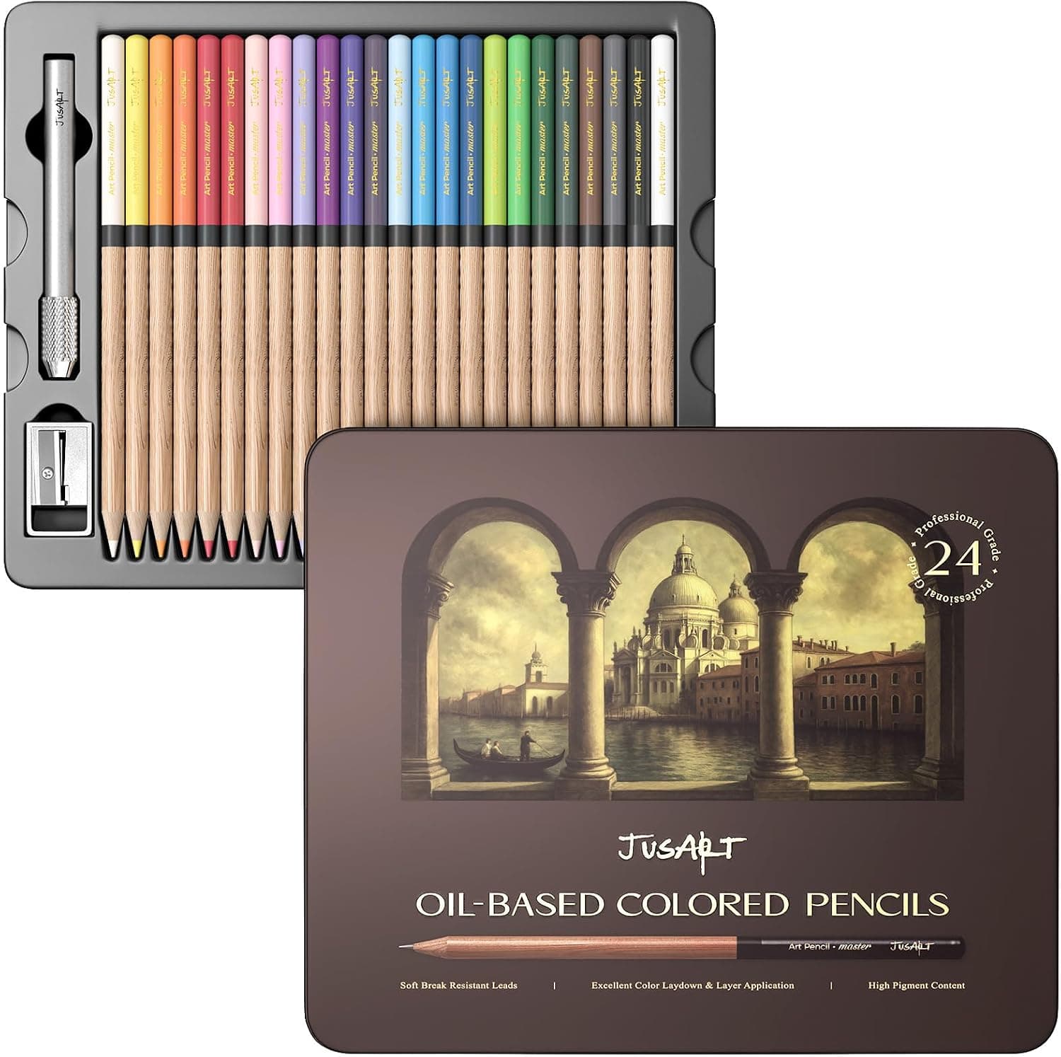 JusArt 24 Oil-Based Colored Pencils – Soft Core, Durable, Vibrant & Ultra-Smooth. Ideal for Adult Coloring, Portrait, Sketching, Landscape. Professional Drawing Pencils for Artists, Adults & Beginners