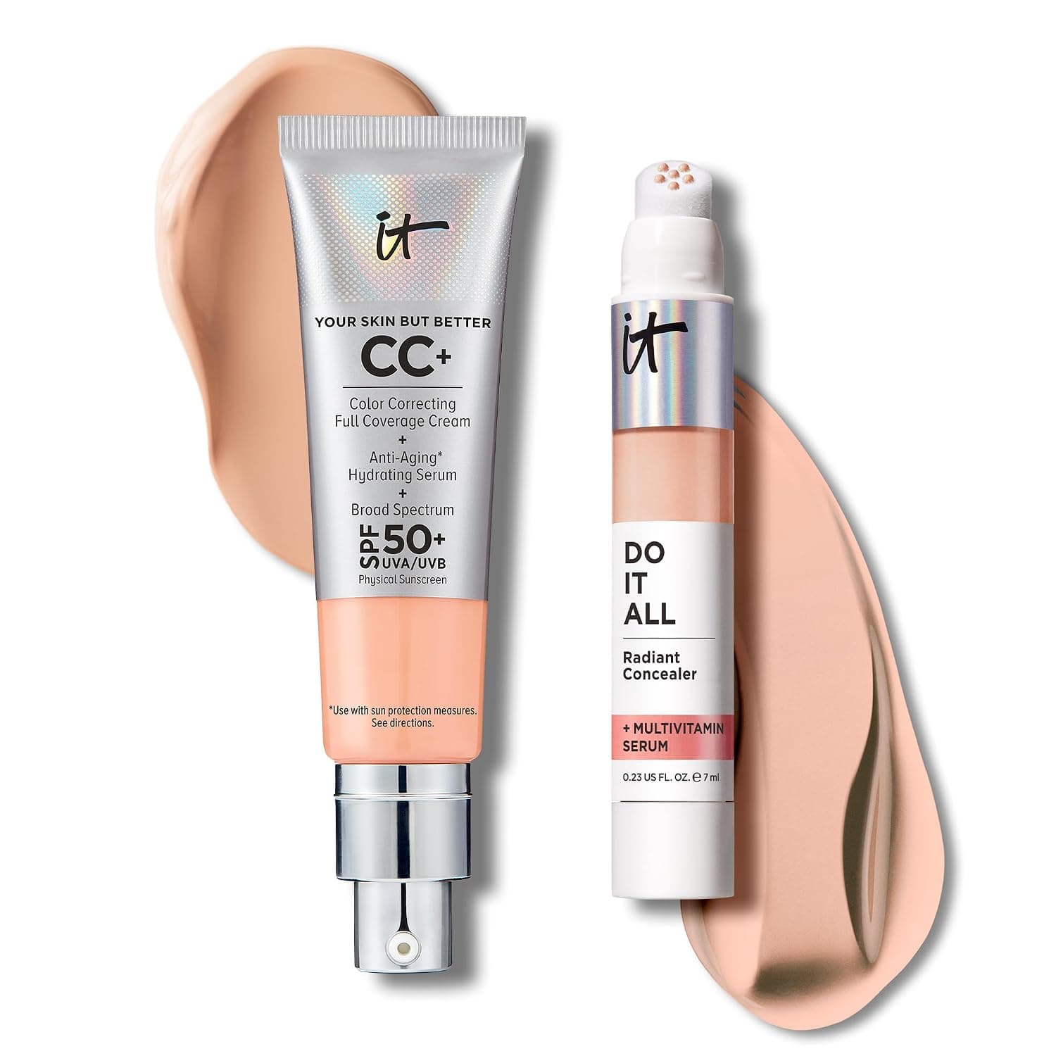 IT Cosmetics CC+ Cream with SPF 50+ Natural Finish Full Coverage Foundation (Light Cool - 1.08 fl oz) & Do It All Radiant Concealer Multivitamin Serum Makeup (205 Light Cool - 0.2 fl oz)