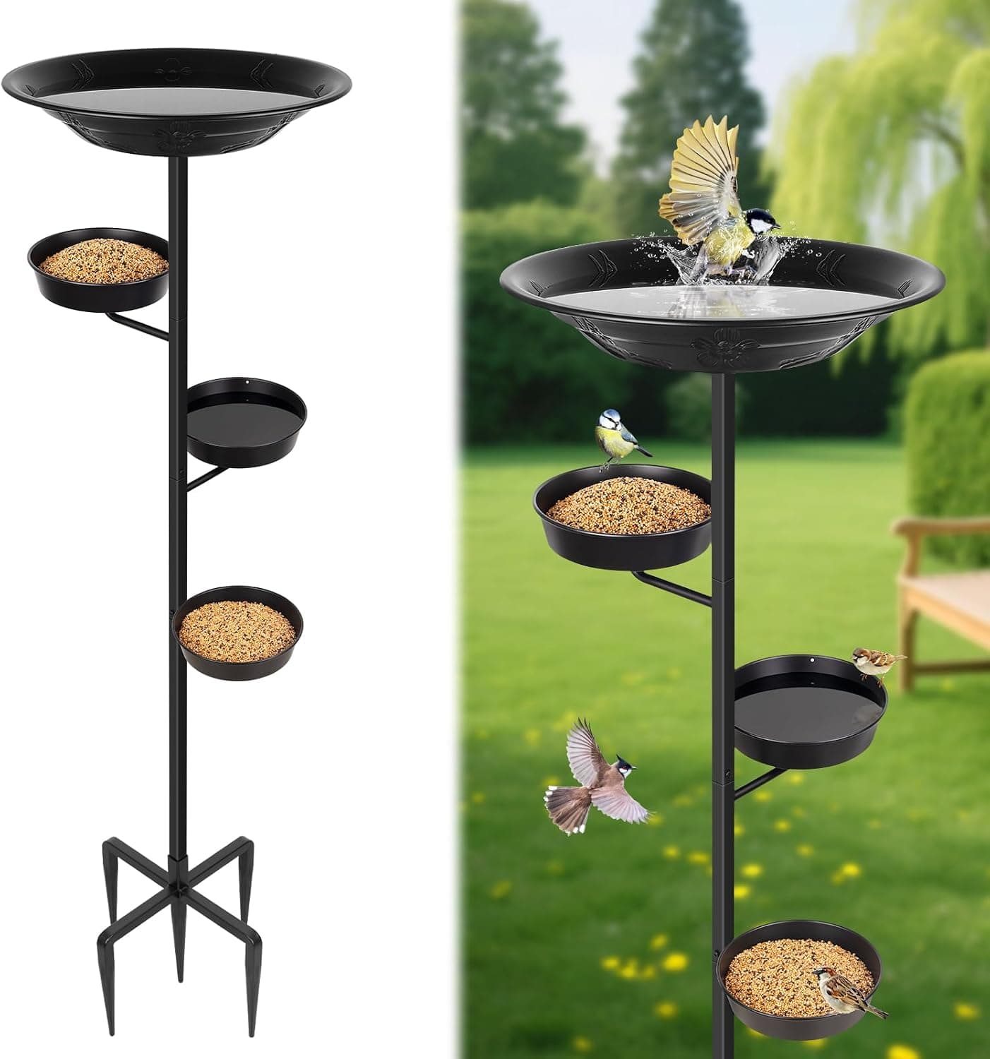 BOLITE Bird Bath for Outside, Metal Freestanding Birdbaths with Bath Bowl and Seed Bowl, Hummingbird Feeders for Outdoors Garden Patio Yard Lawn Decor, Black, Gifts for Mom Dad, Gifts for Women Men