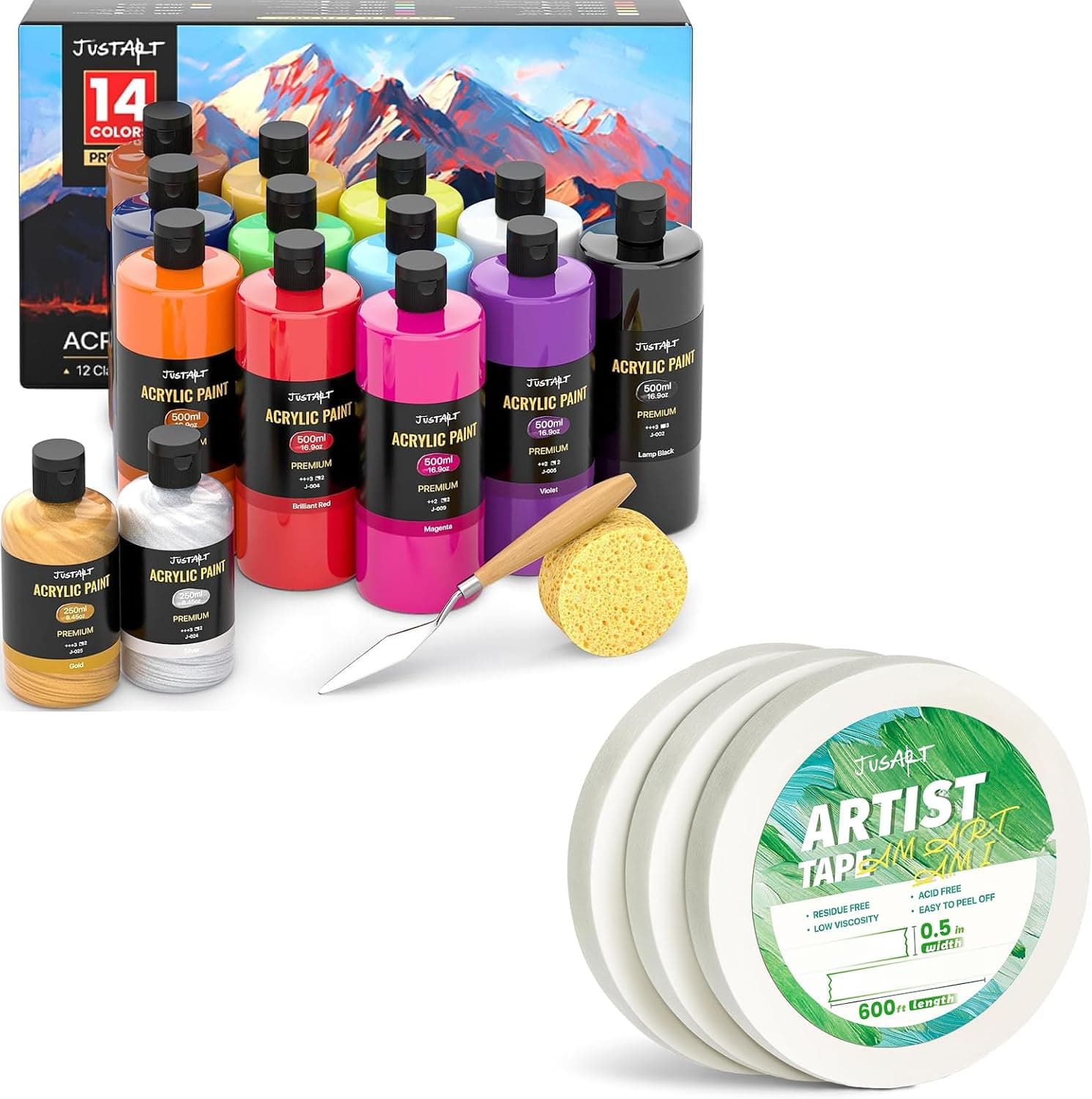 JusArt 14 Colors Acrylic Paint Set+ 0.5 Inch Wide 3 Pack Artist Tape