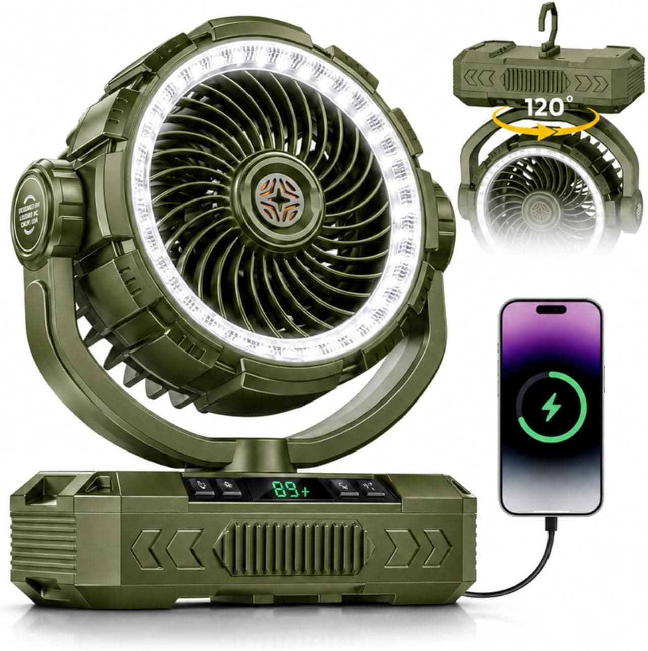 4-IN-1 Rechargeable Camping Fan & Oscillating【Max 60H】Portable Battery Powered Operated Fan,20000mAh Outdoor Turbo Tent Fan & Light,Timer,Hook for Travel,Fishing,Jobsite,Beach,Indoor,Camping Essential