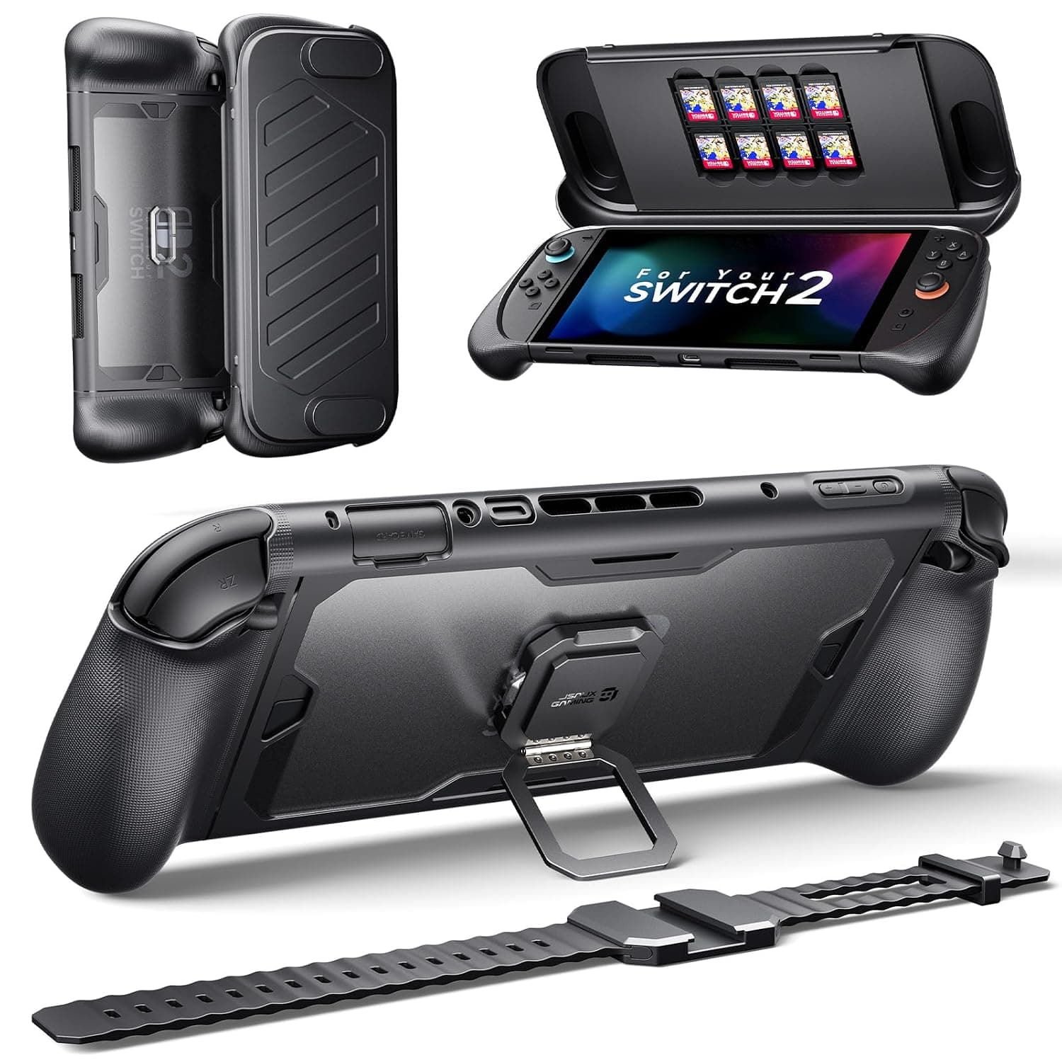 JSAUX 360° Full-Body Protective Case for Nintendo Switch 2, PC0121 Shockproof ModCase with Front Cover, Metal Kickstand & Silicone Strap, Ergonomic Anti-Slip Grip, Compatible with Switch 2 - Basic Set