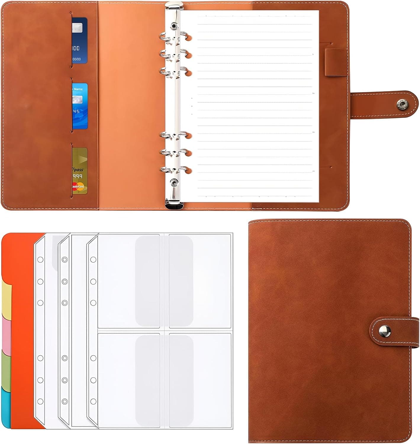 A5 Binder 6 Ring Refillable Planner Notebook, PU Leather Journal with Pockets, Dividers and Refill Paper, Loose Leaf Planner for Office, Business, School, Travel- Brown