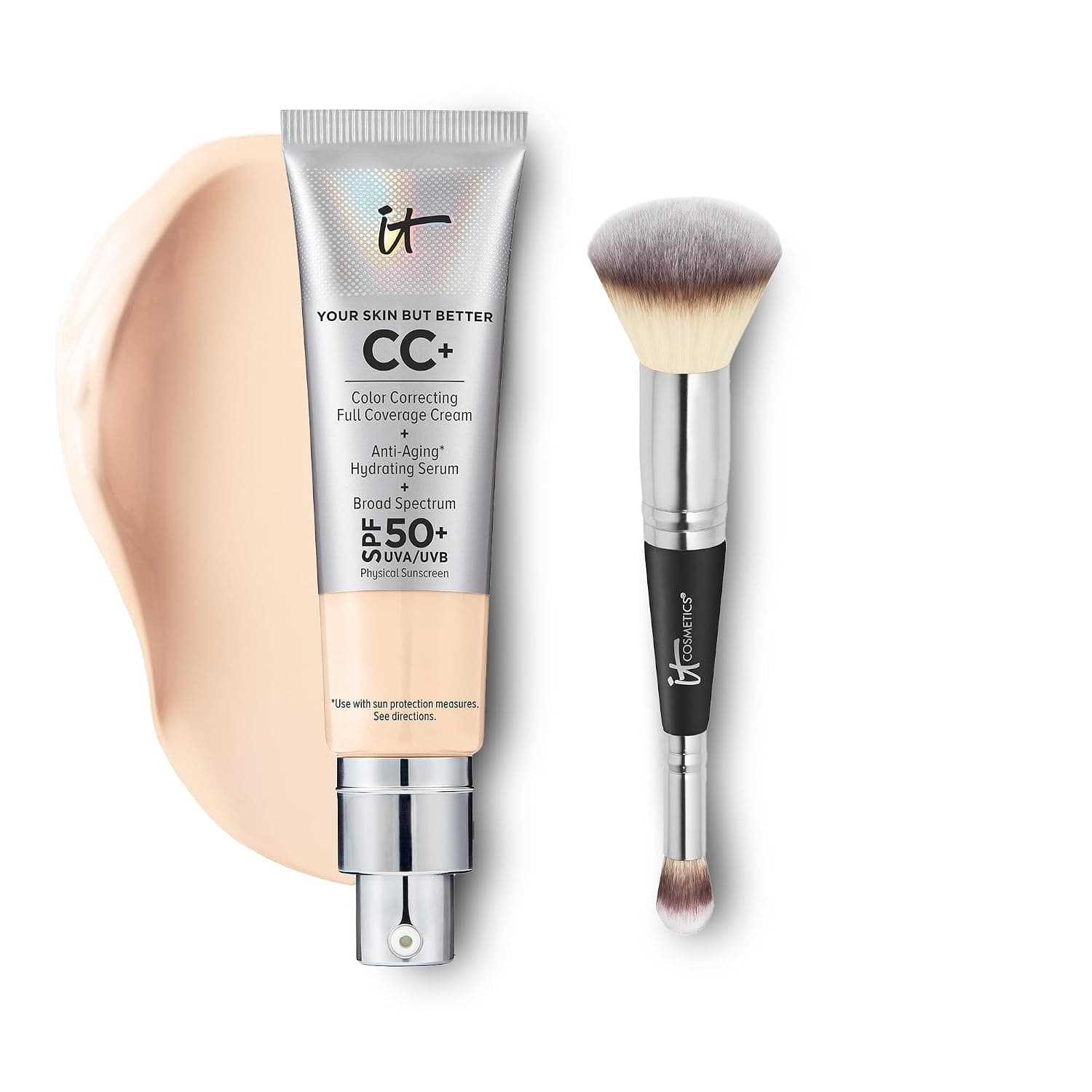 IT Cosmetics CC+ Cream with SPF 50+ Natural Finish Full Coverage Foundation (Fair Warm - 1.08 fl oz) & 2-in-1 Concealer and Foundation Brush #7 for Buffing and Blending Face Makeup
