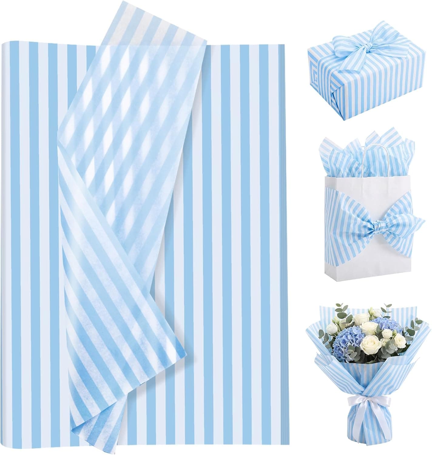 woric Light Blue Tissue Paper for Gift Bags 20 x 14 Inch Blue and White Tissue Paper Bulk with Stripe for Flowers Packaging DIY Crafts Wedding Birthday Decorations - 60 Sheets