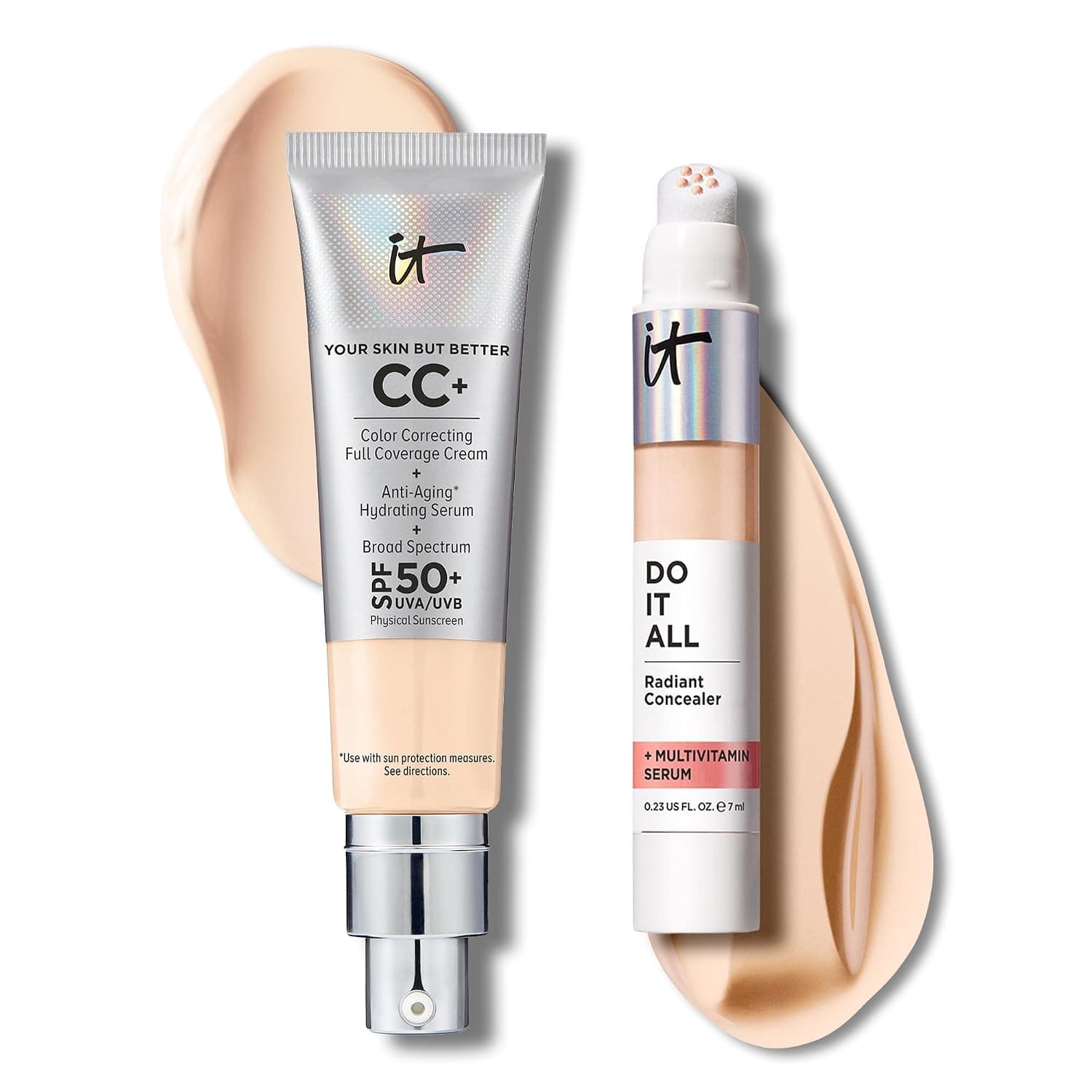 IT Cosmetics CC+ Cream with SPF 50+ Natural Finish Full Coverage Foundation (Fair Warm - 1.08 fl oz) & Do It All Radiant Concealer Multivitamin Serum Makeup (120 Fair Warm - 0.2 fl oz)