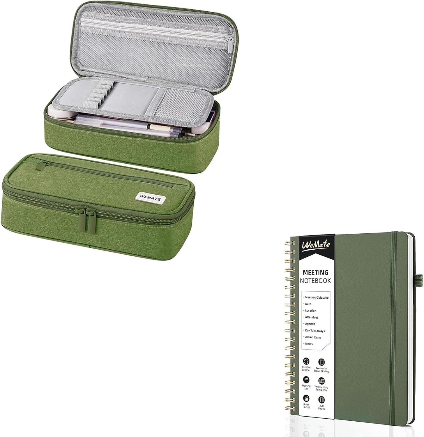 WEMATE Meeting Notebook for Work B5 (7"x10") + Pencil Case, Large Storage Organizer - Green