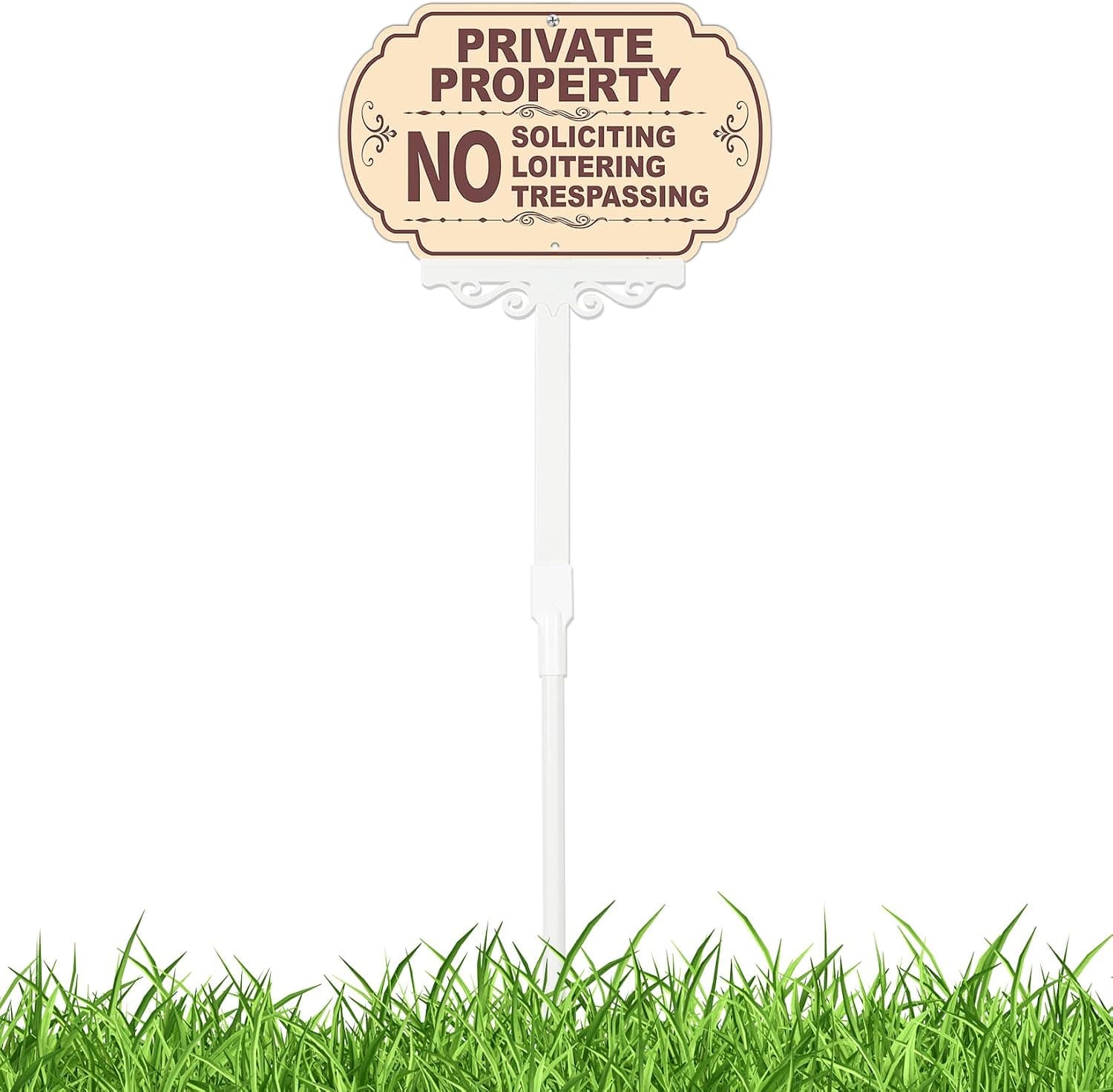 Private Property No Trespassing Sign with 36" Stake, 12.8 x 7.7" No Soliciting Loitering Trespassing Garden Plaque for Front Door/Lawns/Gardens and Business