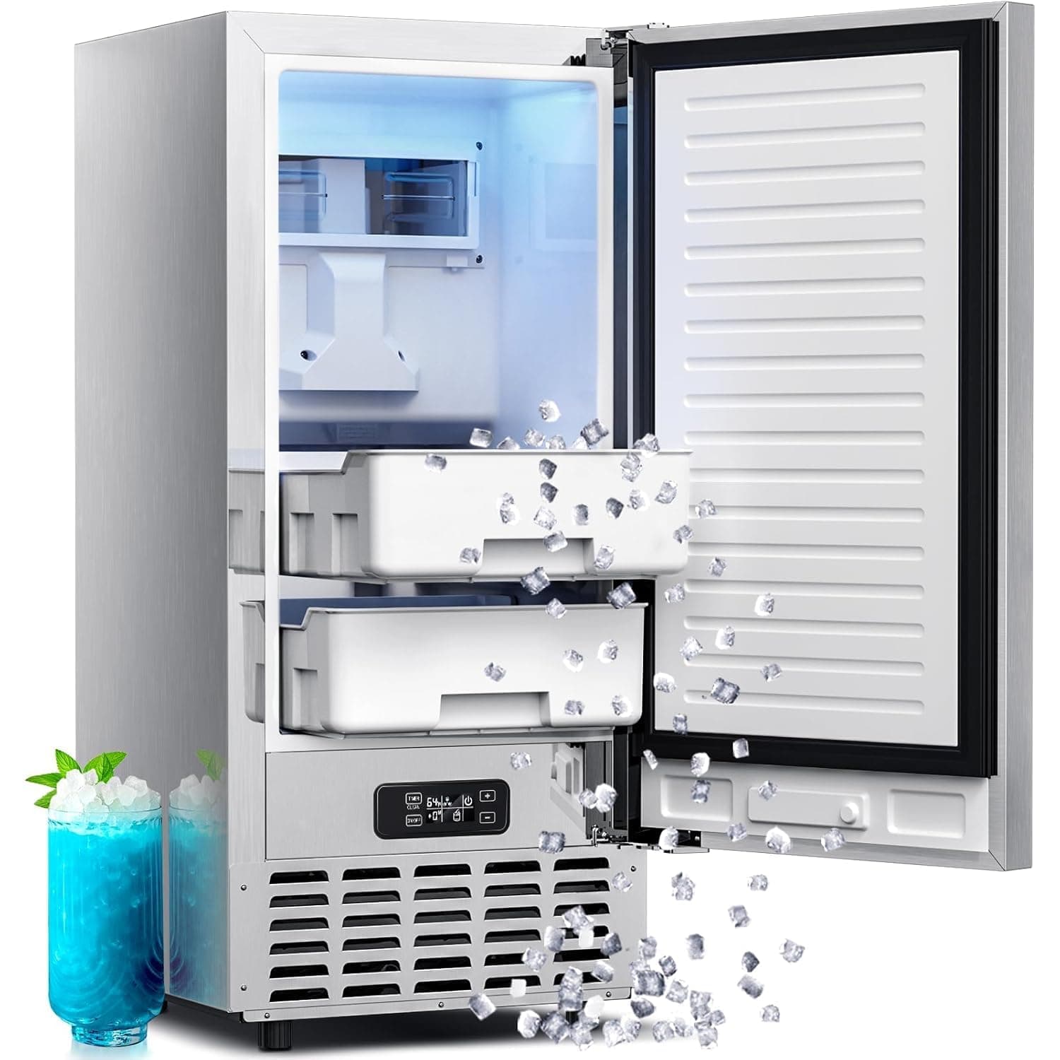 Kismile Under Counter Nugget Ice Maker, Pebble Ice Machine 80 lbs/Day, 24H Timer, Self-Cleaning, Double Ice Baskets, Built-in Ice Maker for Home & Office (Grey)