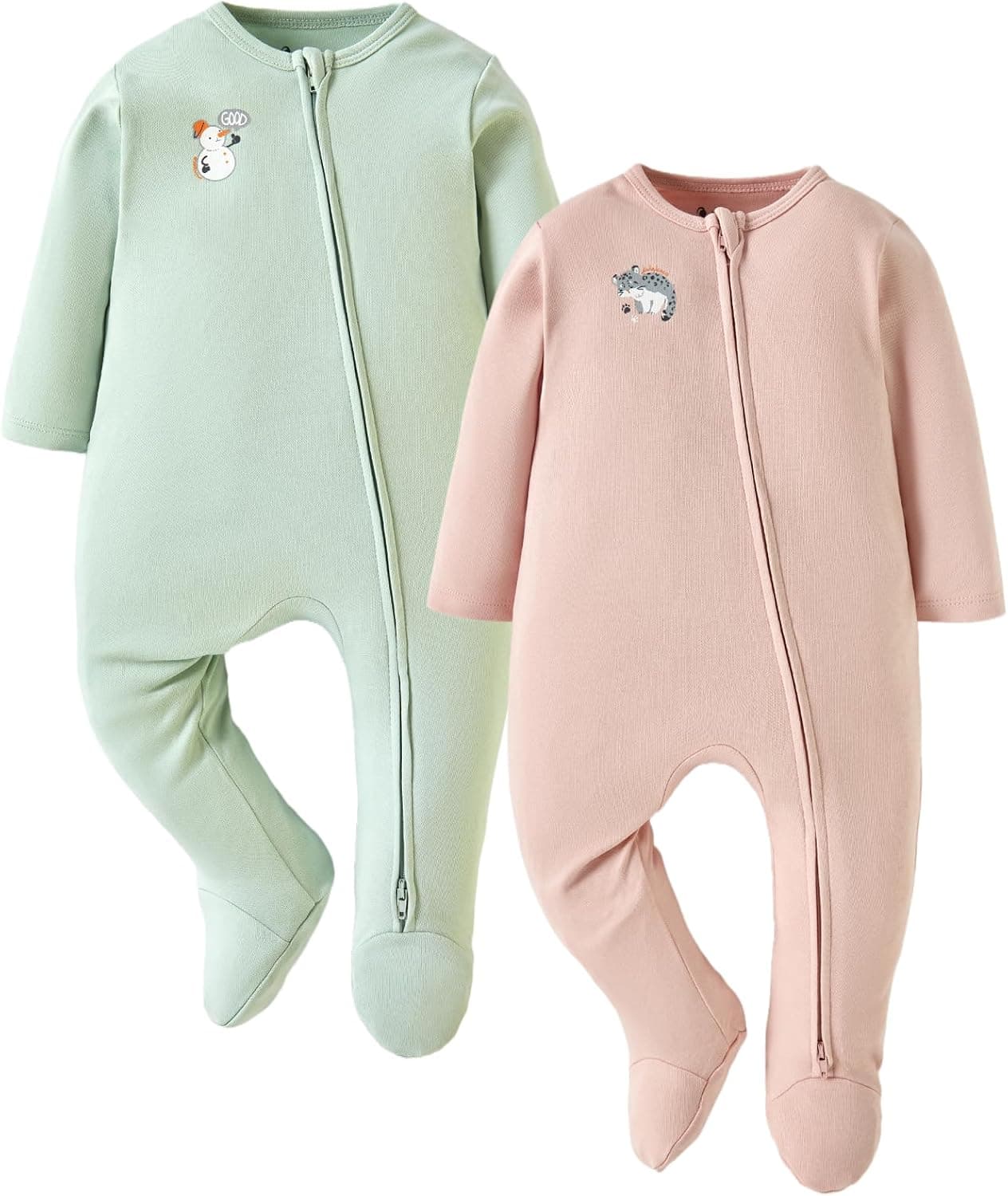 Baby 2-Pack Long Sleeve Footie, Footed Romper with Zipper for 0-24 Months